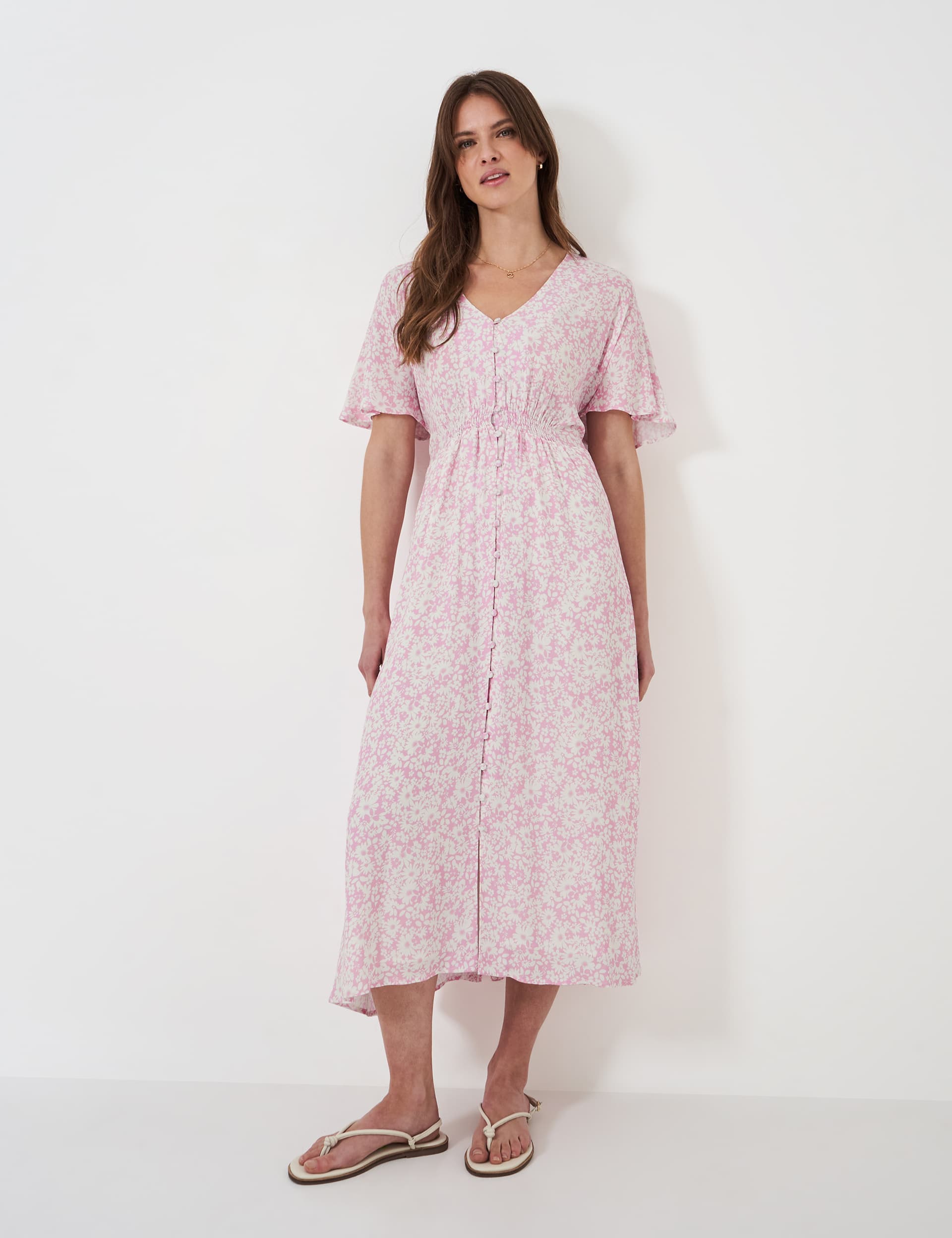 Crew Clothing Women's Floral V-Neck Button Through Midi Tea Dress