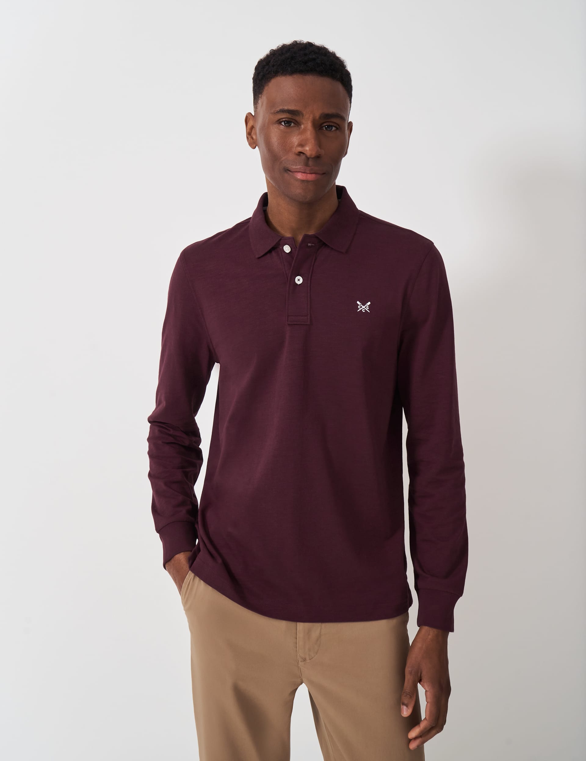 Crew Clothing Men's Pure Cotton Long Sleeve Polo Shirt - Burgundy, Burgundy