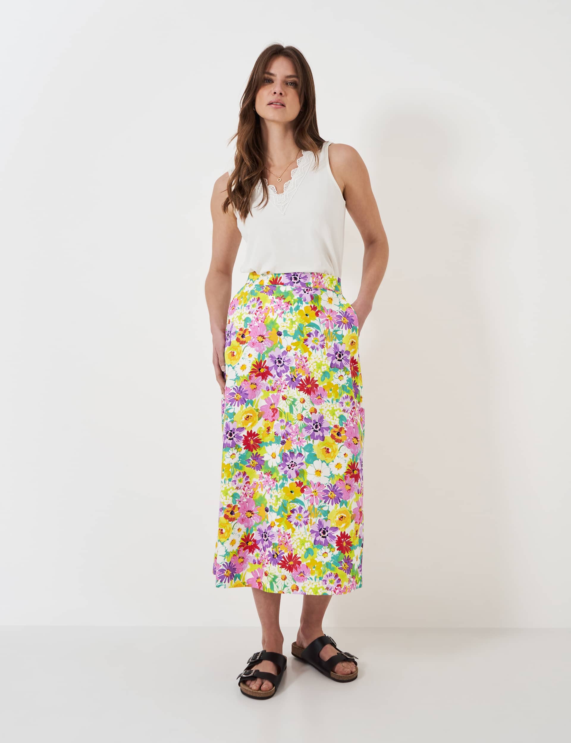 Crew Clothing Women's Cotton Blend Floral Midi A-Line Skirt - 12 - Multi, Multi