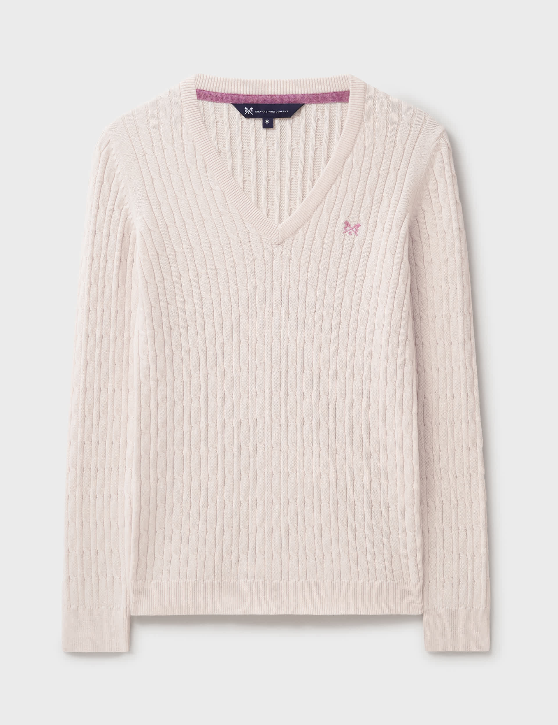 Crew Clothing Women's Cotton Rich Cable Knit V-Neck Jumper - 12 - Light Pink, Light Pink,Pink