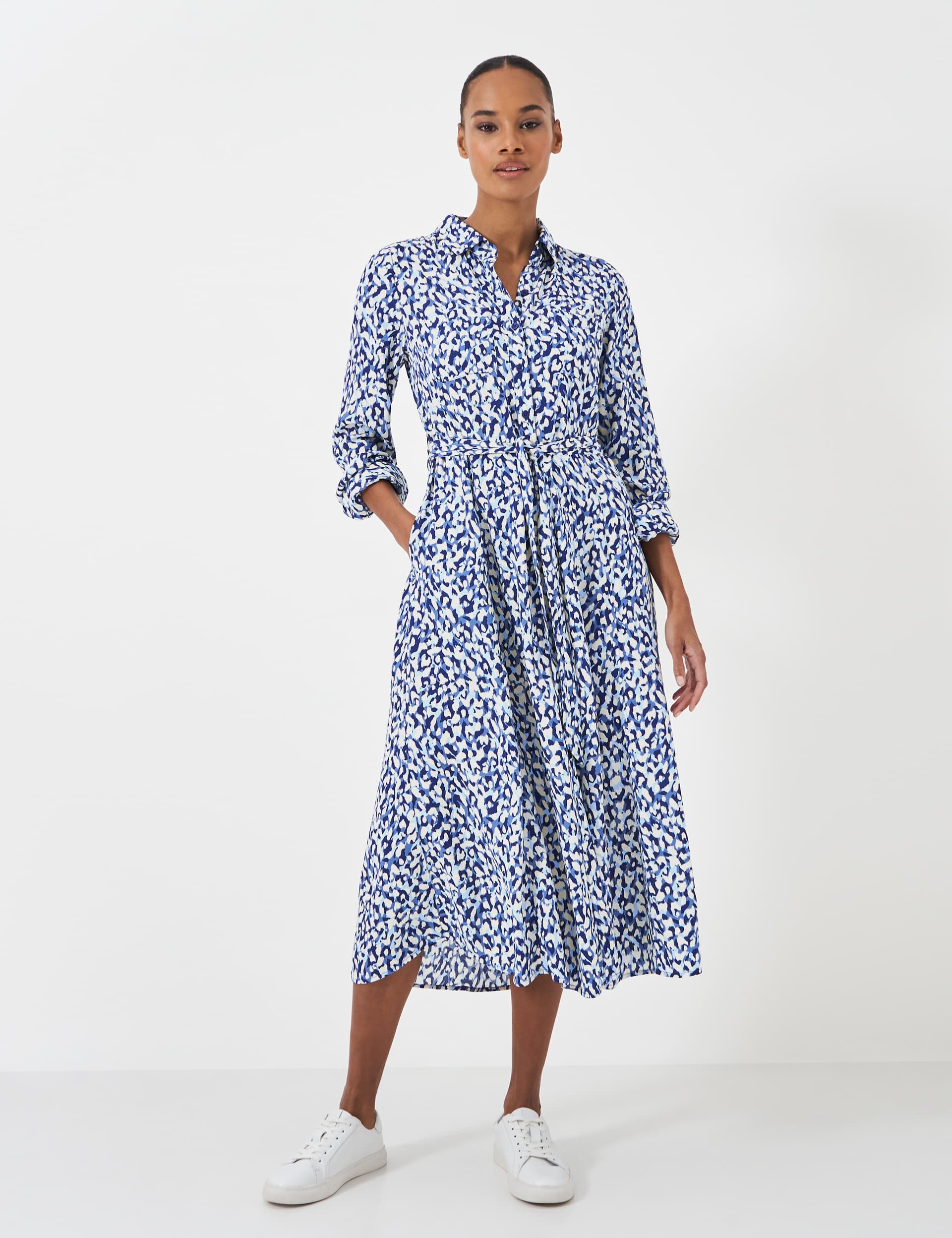 Crew Clothing Women's Polka Dot Tie Waist Midi Shirt Dress - 12 - Blue Mix, Blue Mix