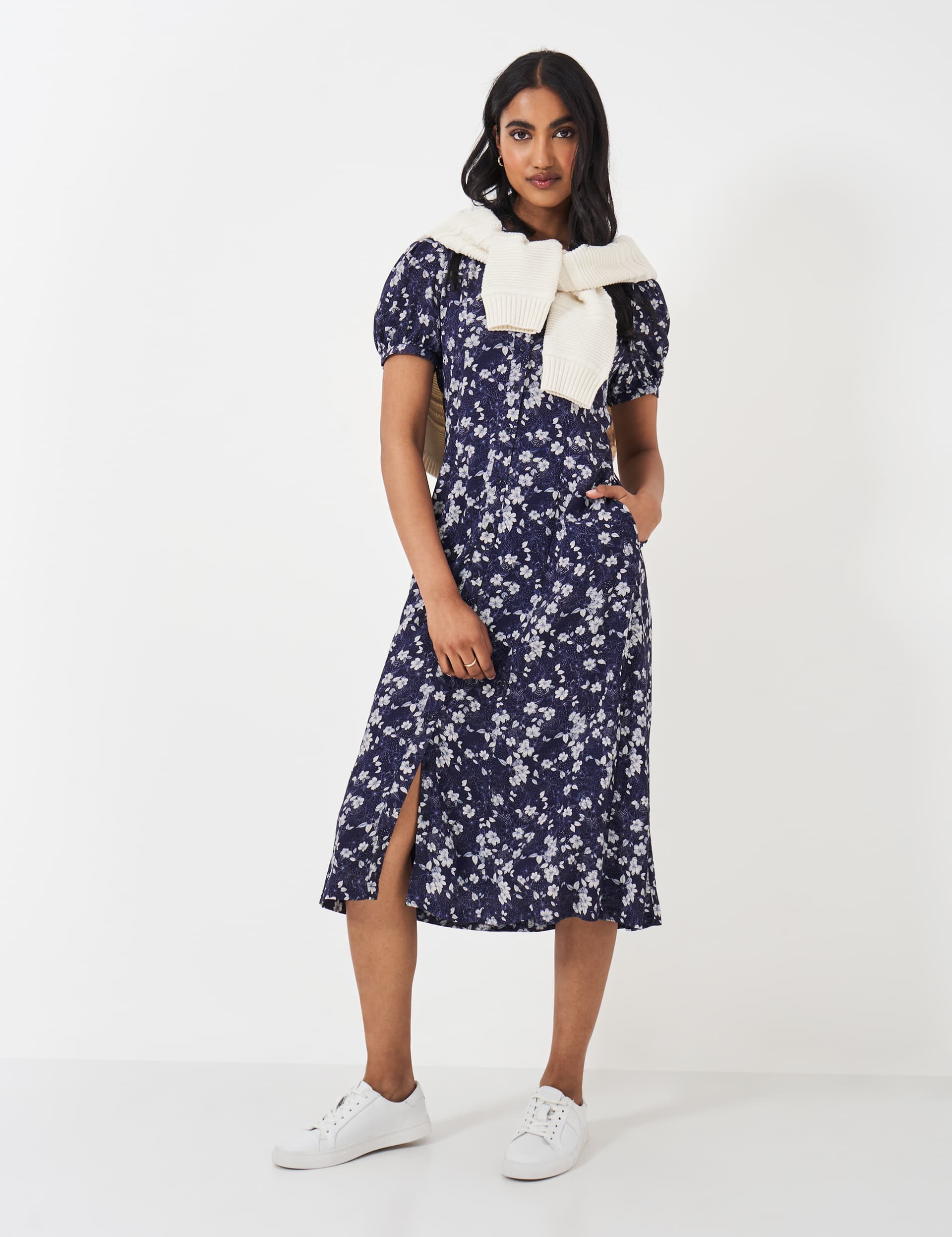 Crew Clothing Women's Floral Puff Sleeve Midi Shirt Dress - 12 - Navy Mix, Navy Mix