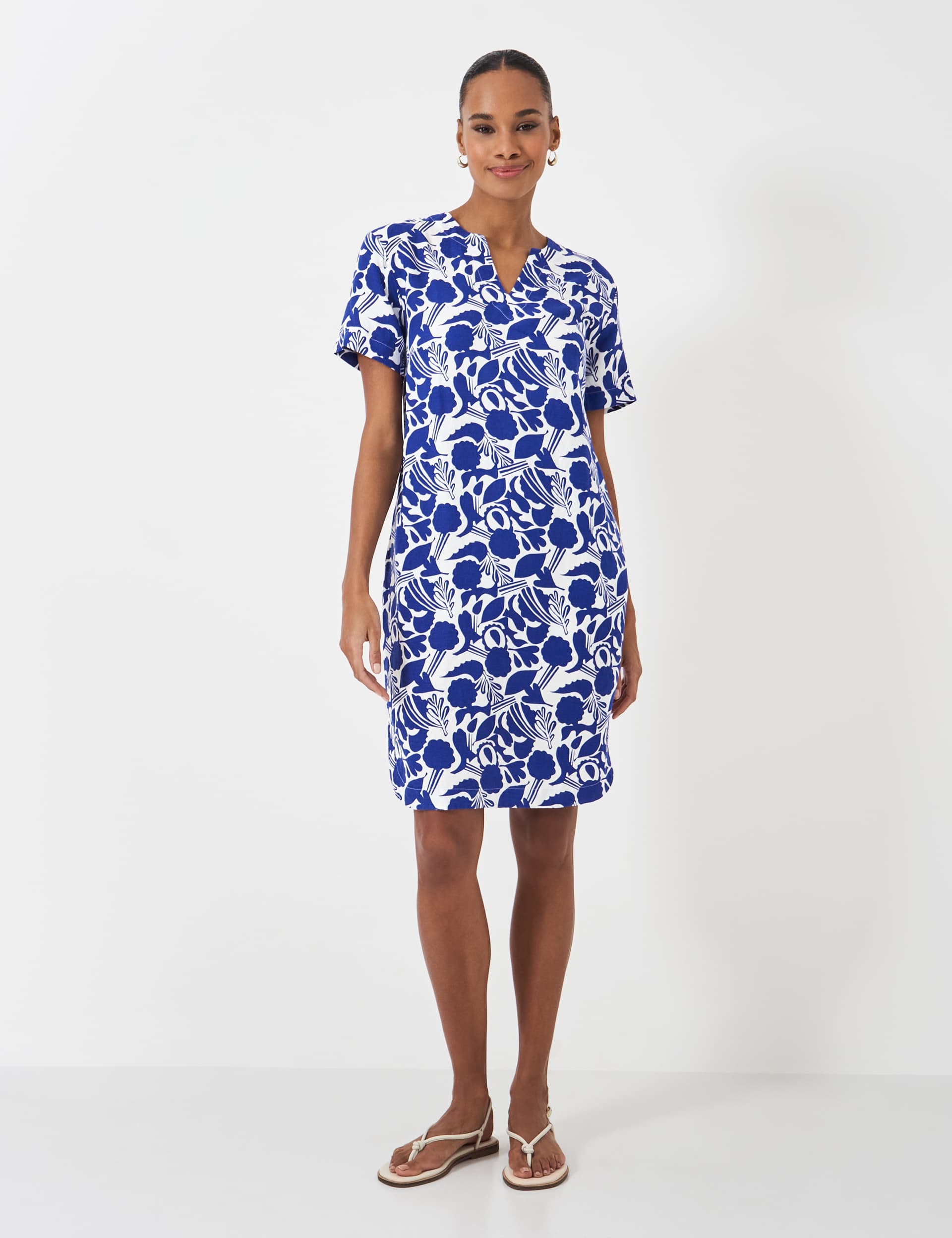 Crew Clothing Women's Linen Blend Floral Notch Neck Shift Dress