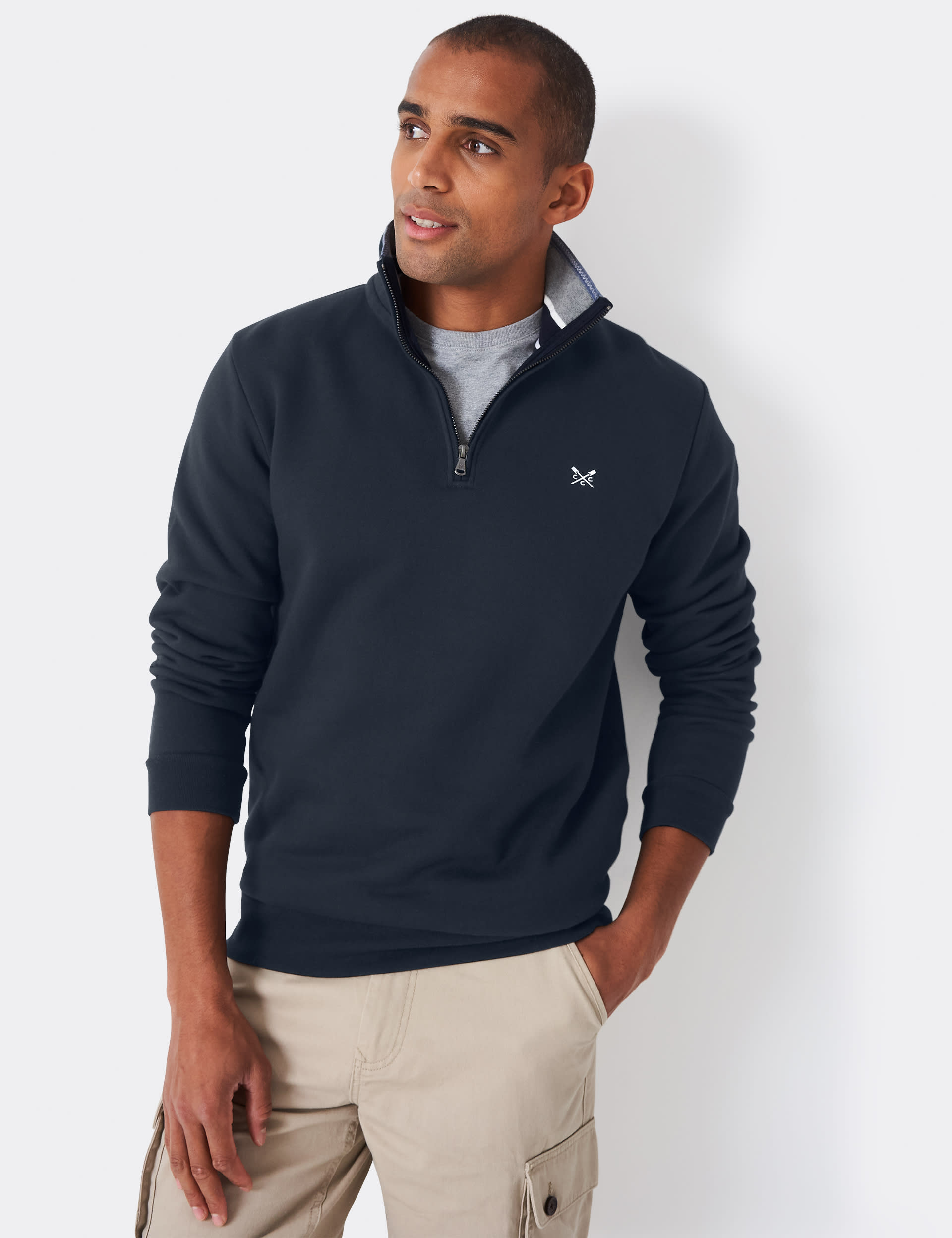 Crew Clothing Men's Cotton Rich Half Zip Sweatshirt - XL - Dark Navy, Dark Navy,Grey Marl