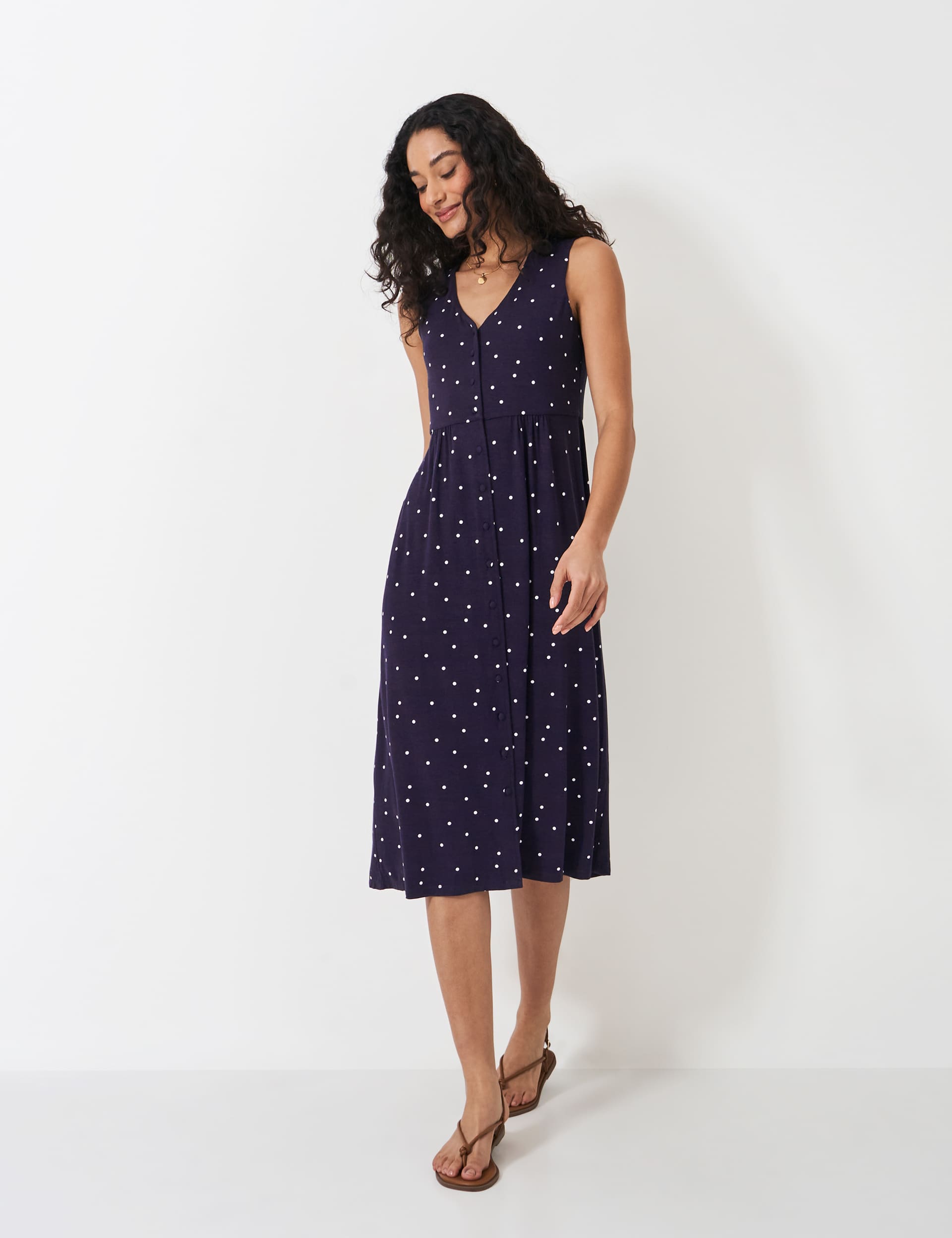 Crew Clothing Women's Polka Dot Button Front Midi Tea Dress - 12 - Navy Mix, Navy Mix