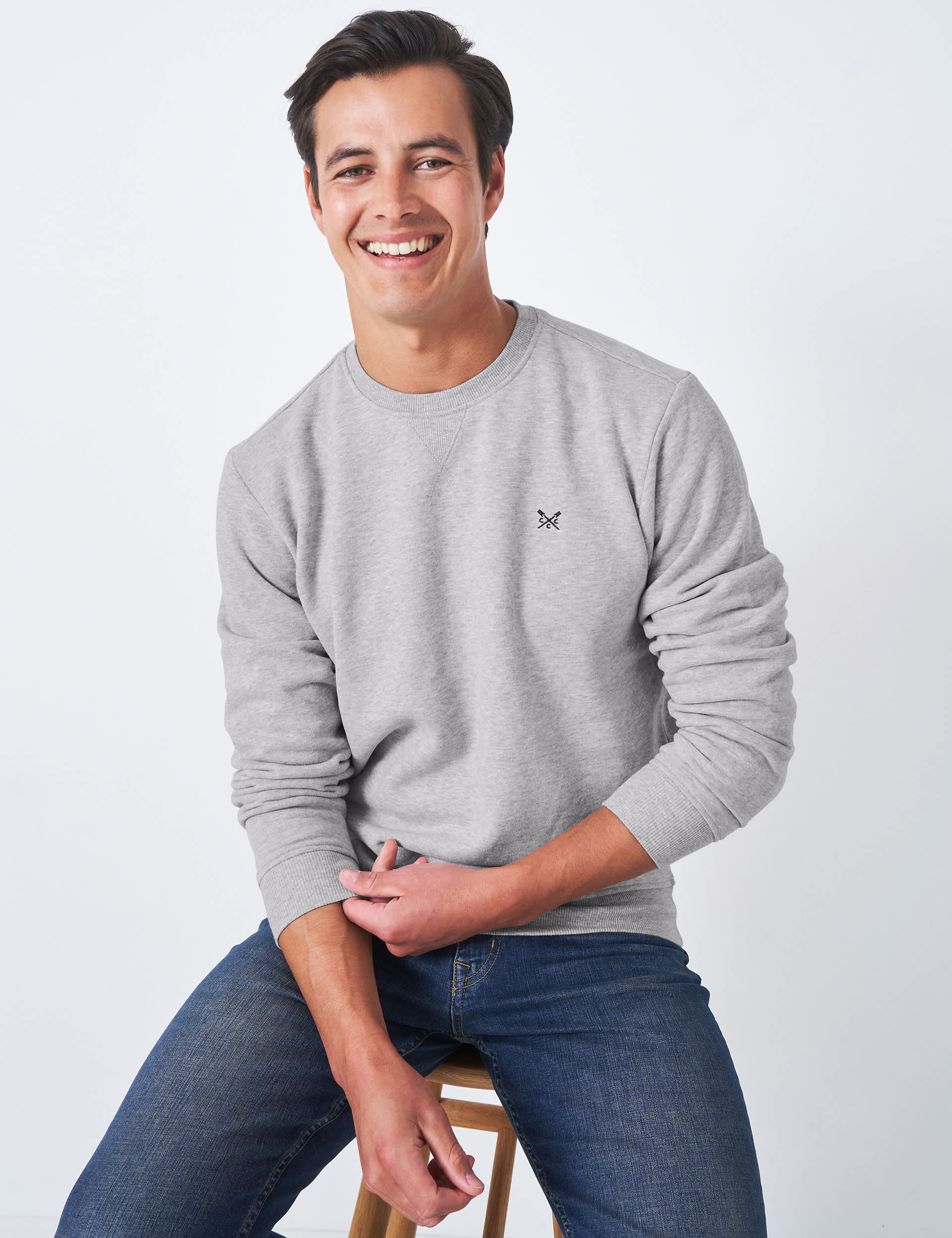 Crew Clothing Men's Cotton Rich Crew Neck Sweatshirt - XL - Grey Marl, Grey Marl,Dark Navy