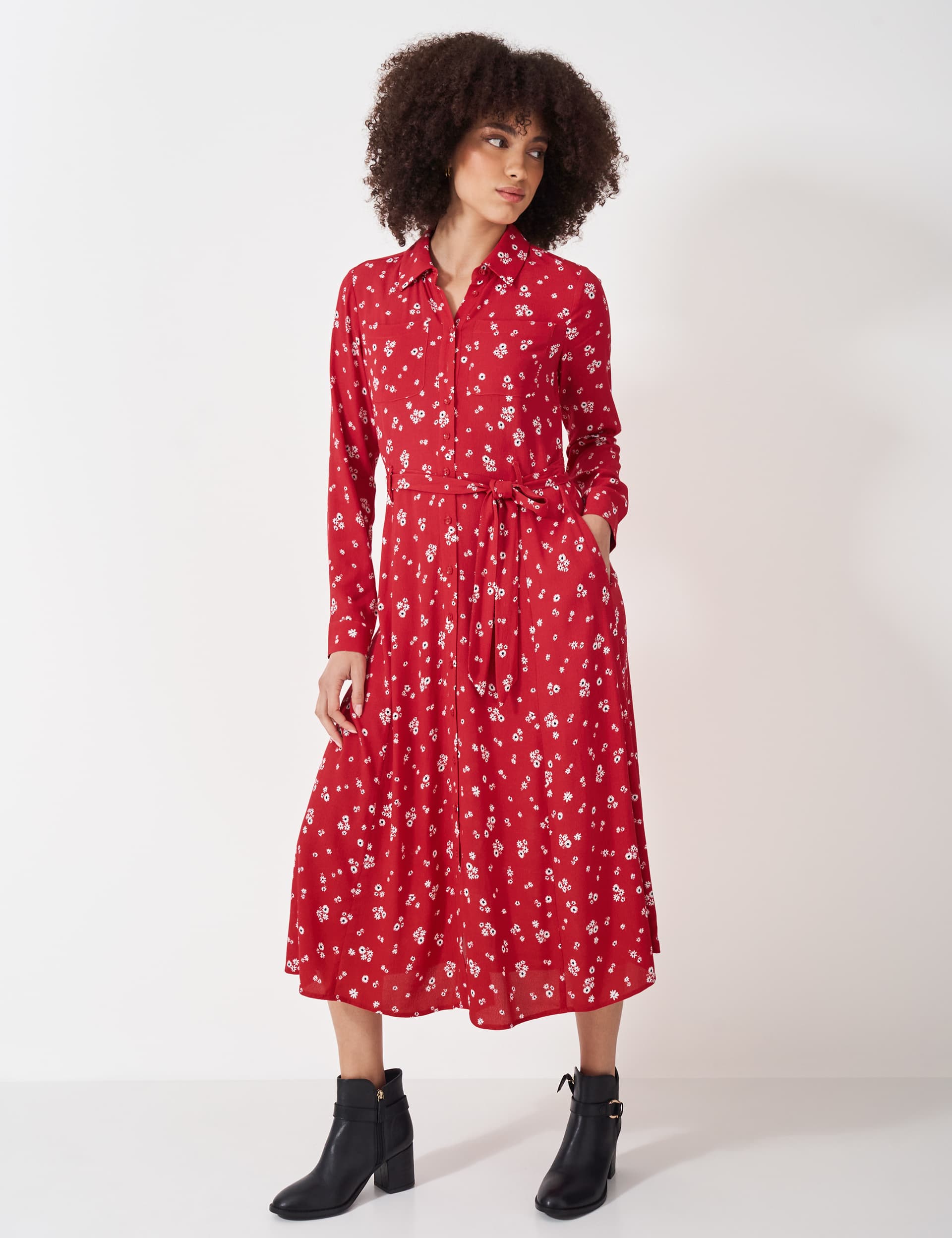 Crew Clothing Women's Floral Tie Waist Midi Shirt Dress - 12 - Red Mix, Red Mix