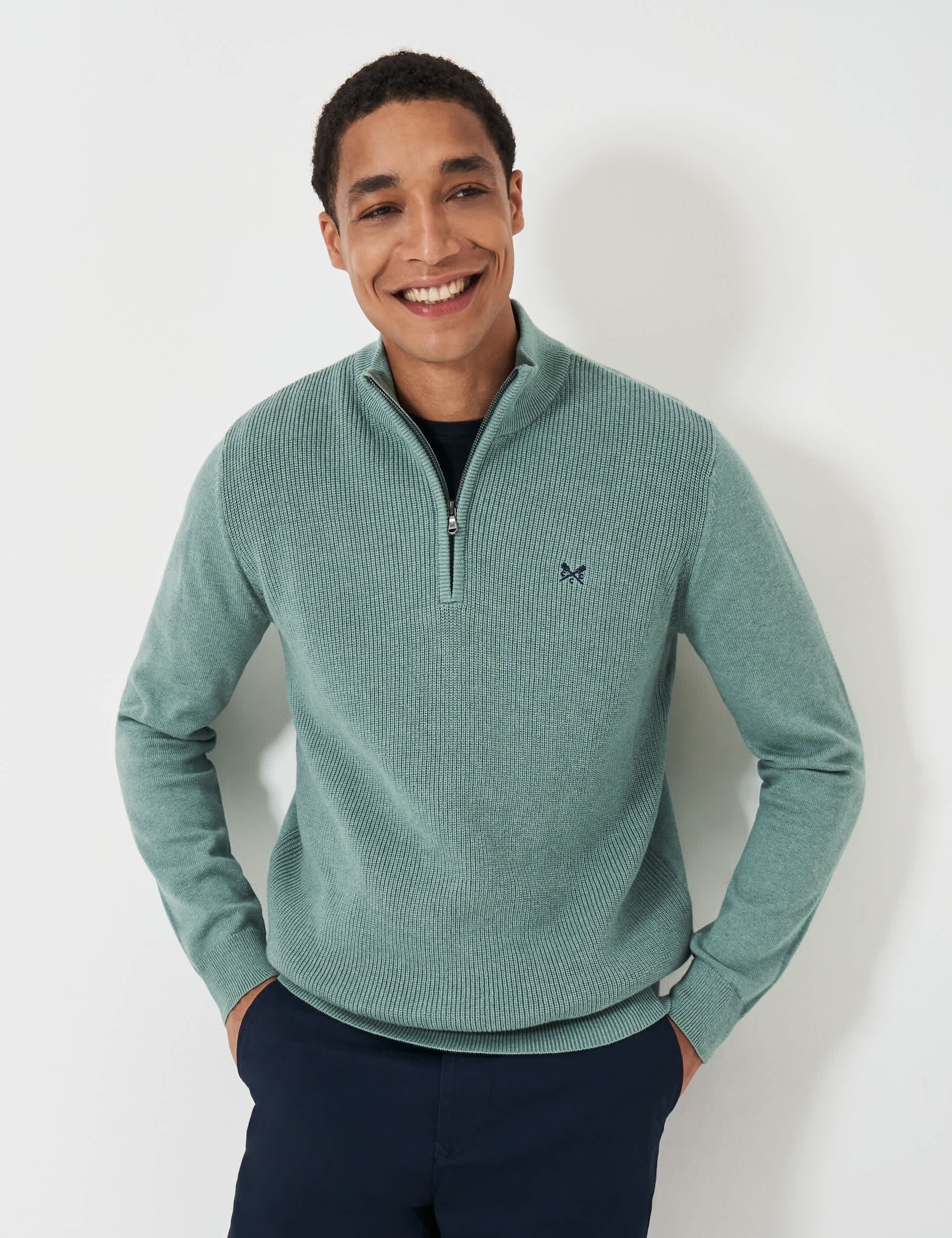 Crew Clothing Men's Pure Wool Funnel Neck Half Zip Jumper - Light Green, Light Green,Dark Blue