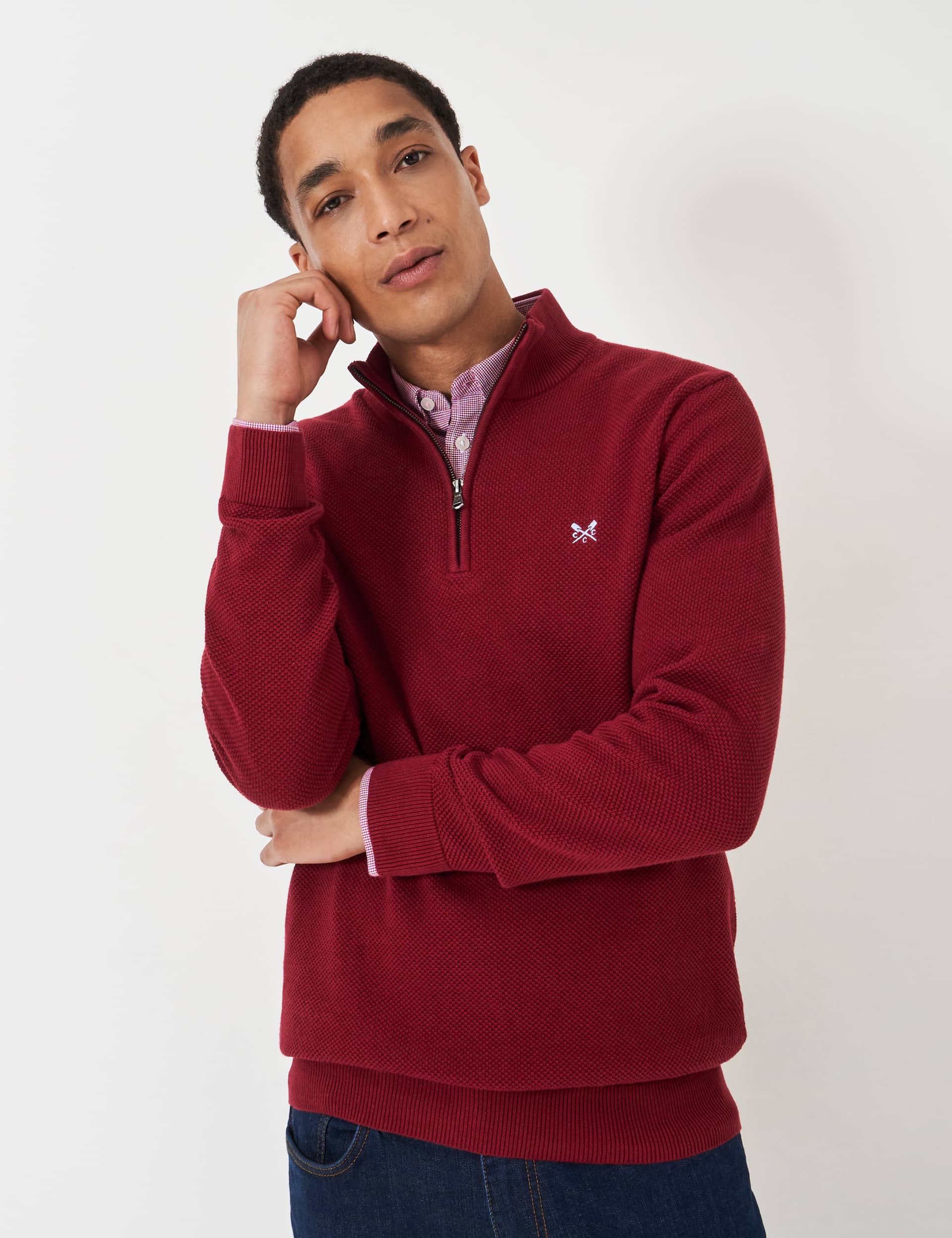 Crew Clothing Men's Pure Cotton Textured Half Zip Jumper - Dark Red, Navy,Dark Red