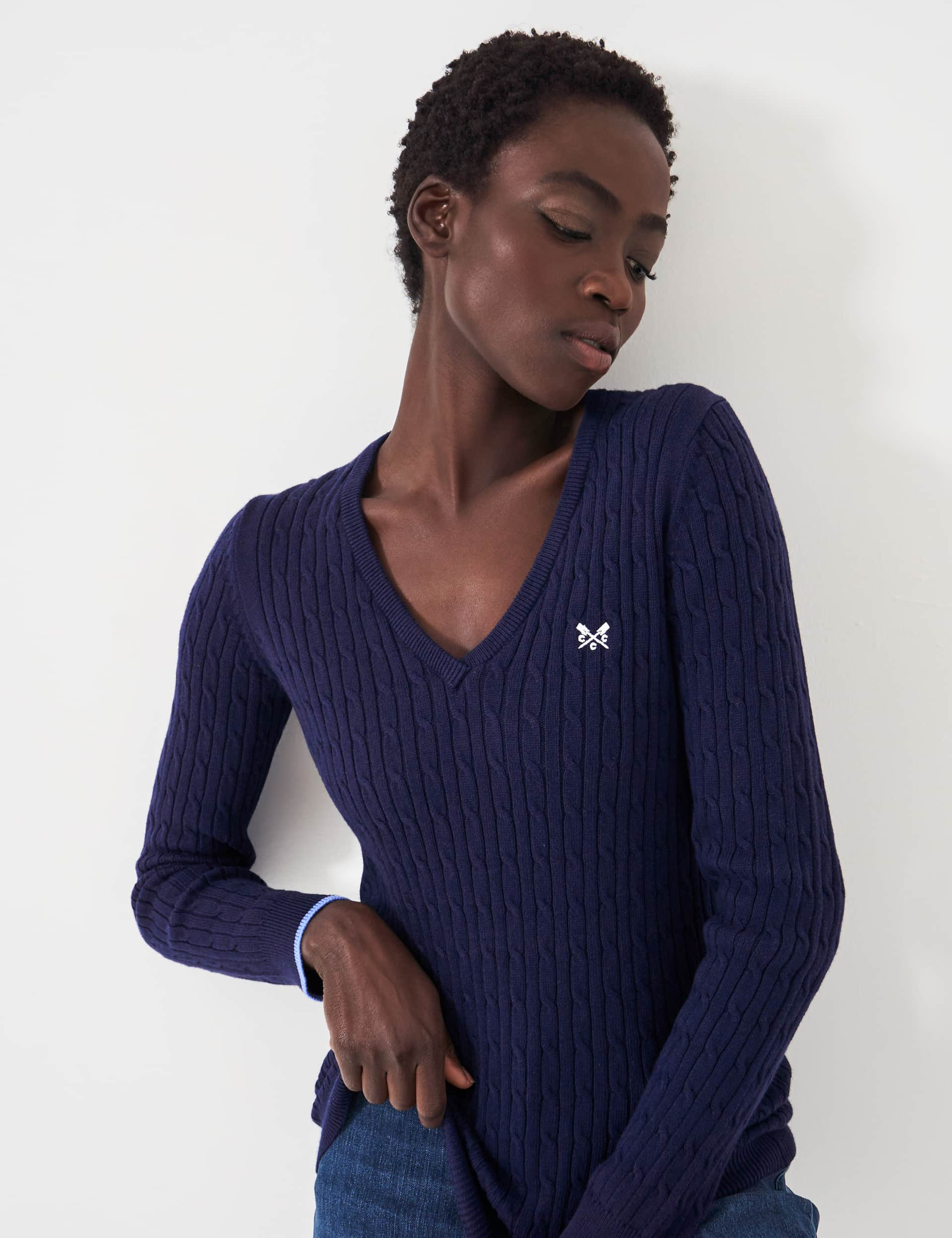 Crew Clothing Women's Cotton Rich Cable Knit V-Neck Jumper - 16 - Navy, Navy