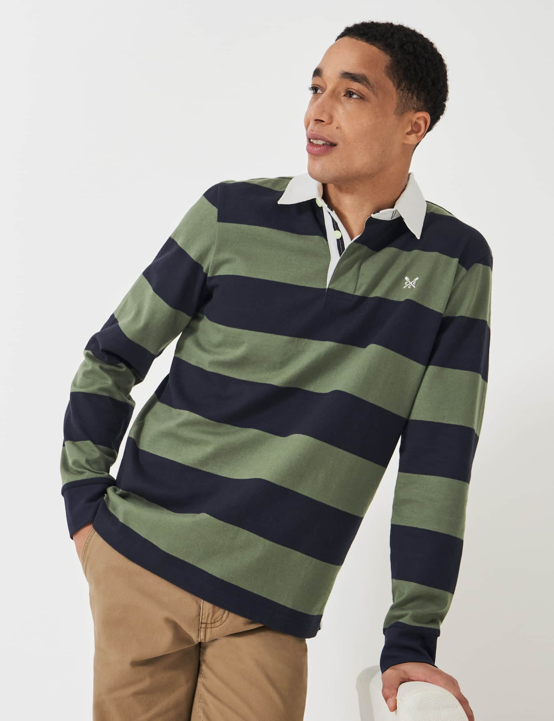 Crew Clothing Men's Pure Cotton Striped Long Sleeve Rugby Shirt - XL - Olive, Olive