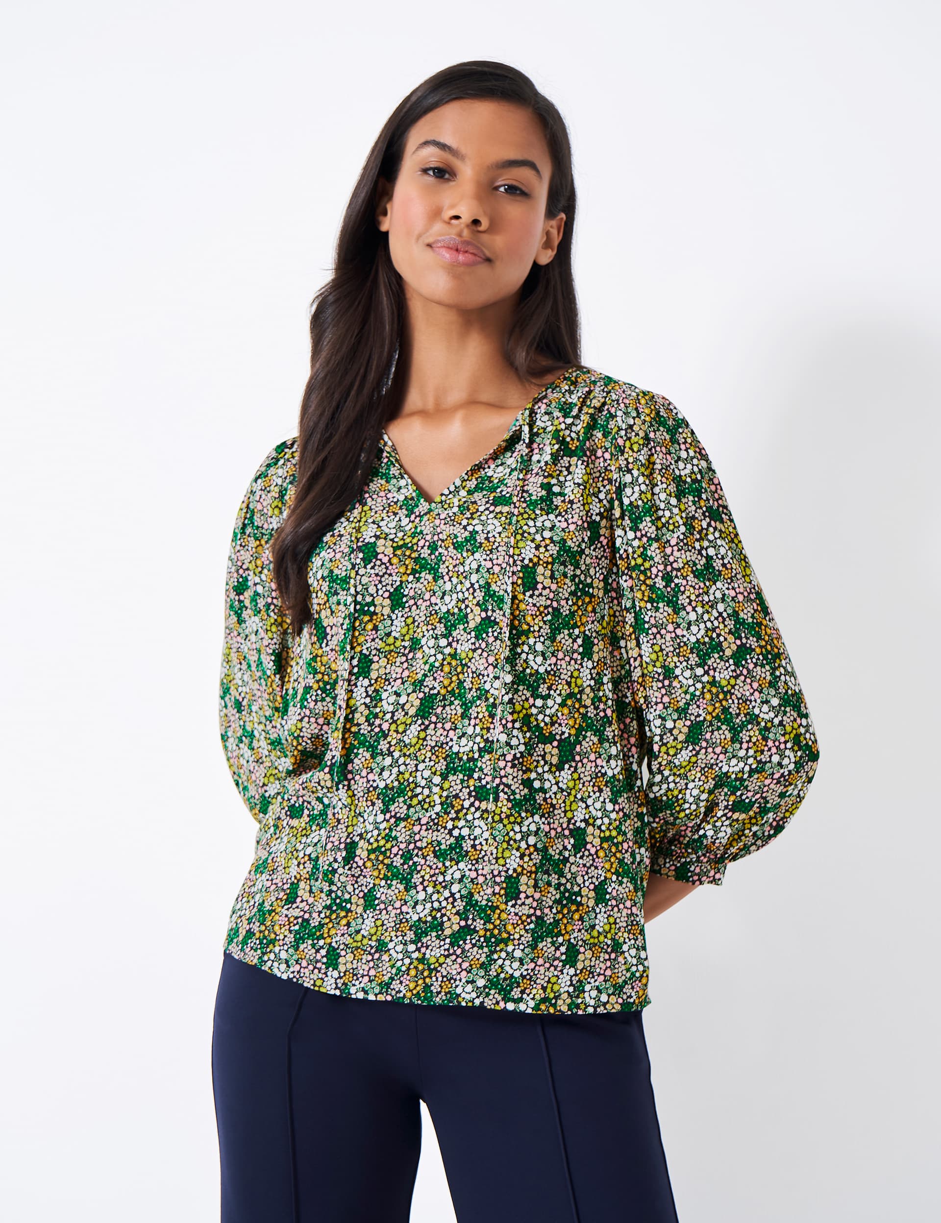 Crew Clothing Women's Printed Tie Neck Blouson Sleeve Blouse - 10 - Green Mix, Green Mix