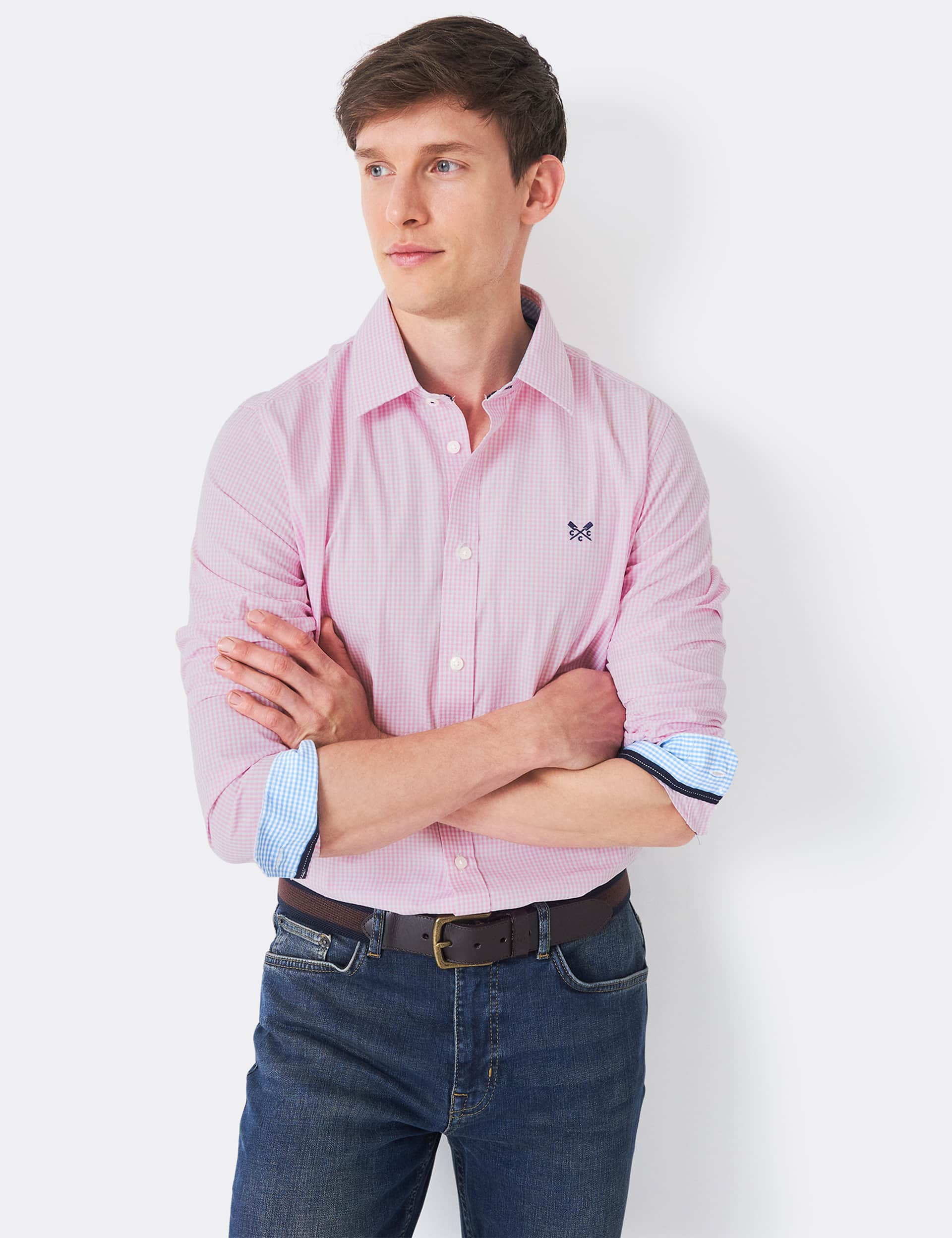 Crew Clothing Men's Slim Fit Pure Cotton Check Poplin Shirt - Pink Mix, Pink Mix,Blue Mix,Medium Blu