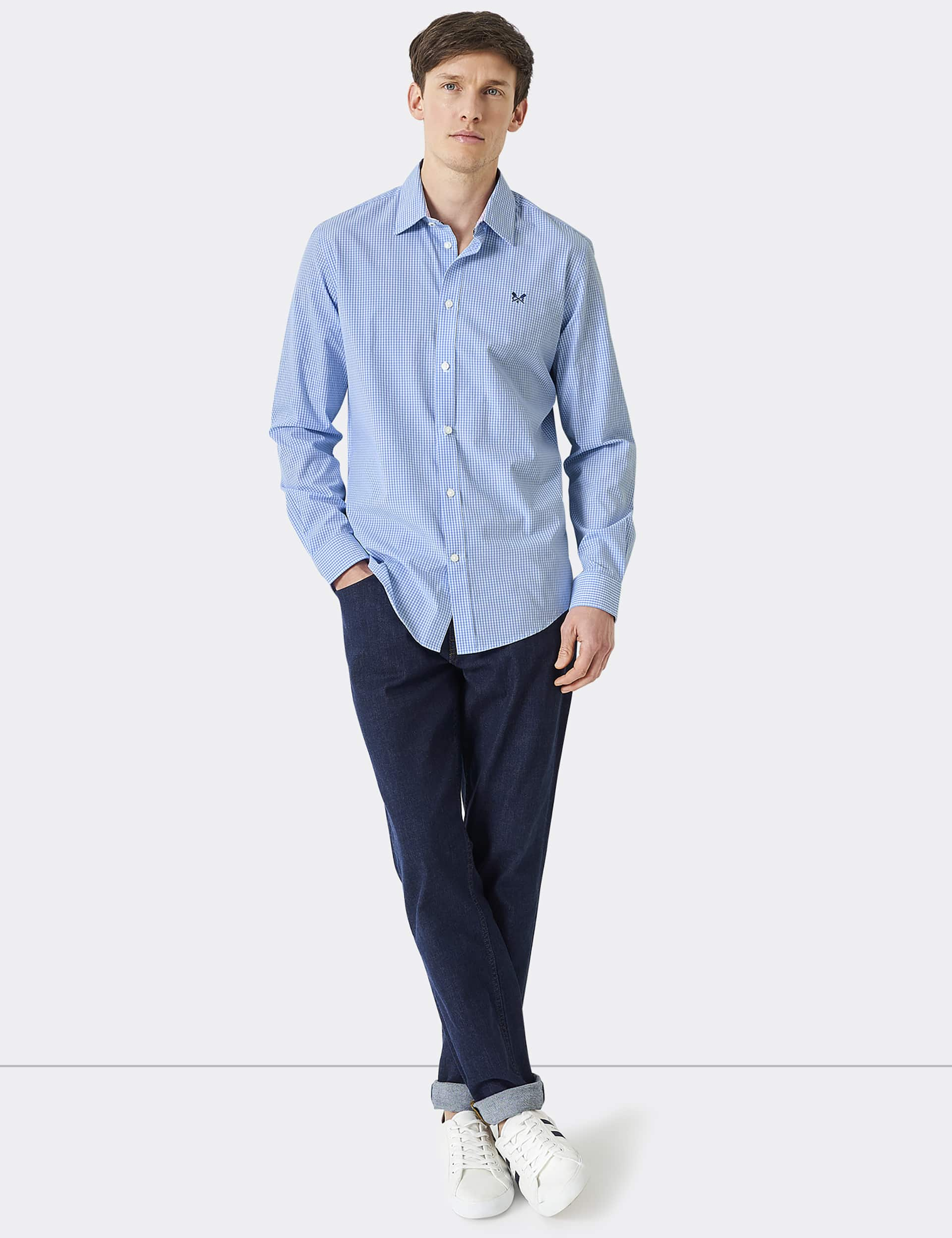 Crew Clothing Men's Slim Fit Pure Cotton Check Poplin Shirt - Blue Mix, Blue Mix,Pink Mix