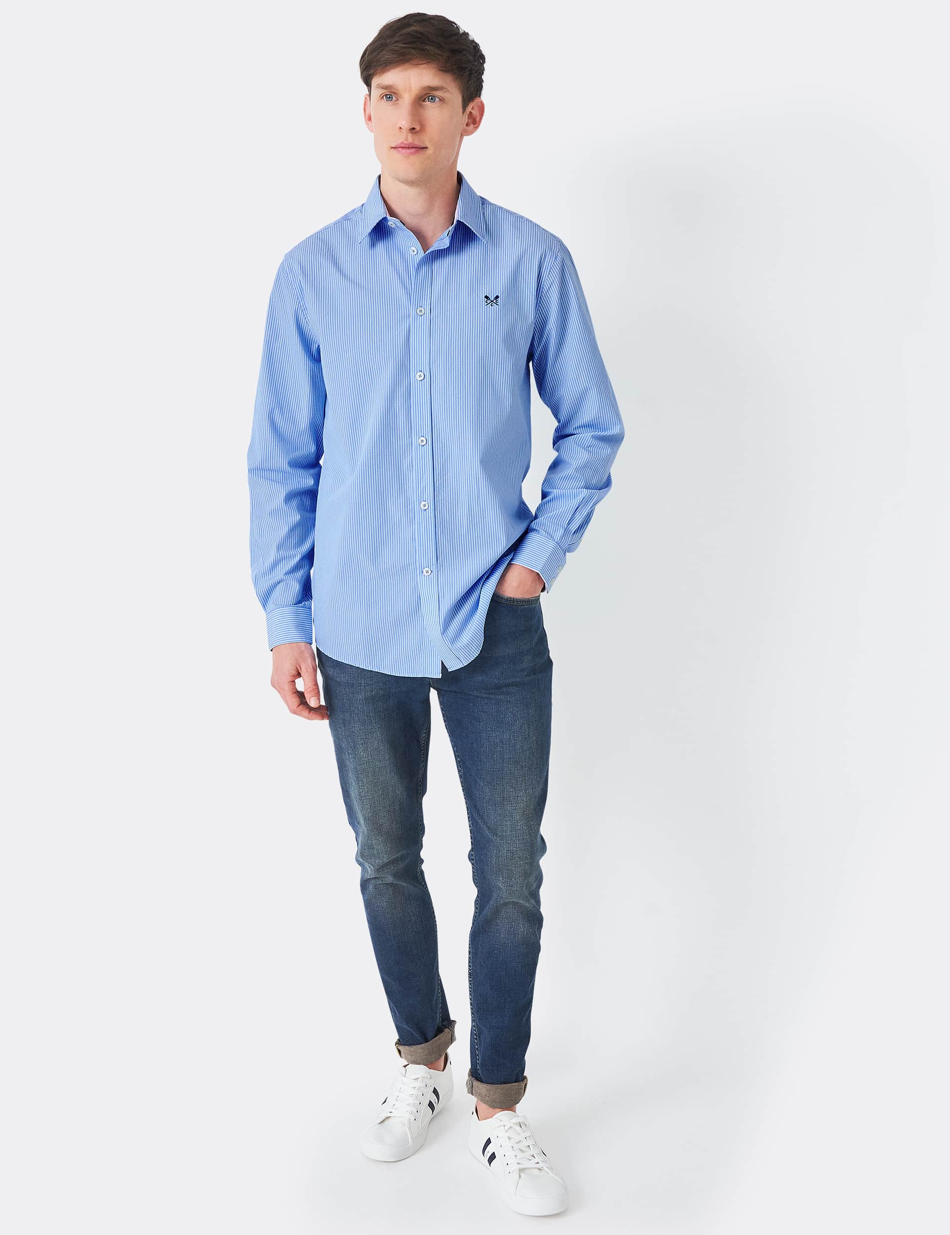 Crew Clothing Men's Regular Fit Pure Cotton Striped Poplin Shirt - Blue Mix, Navy Mix,Blue Mix