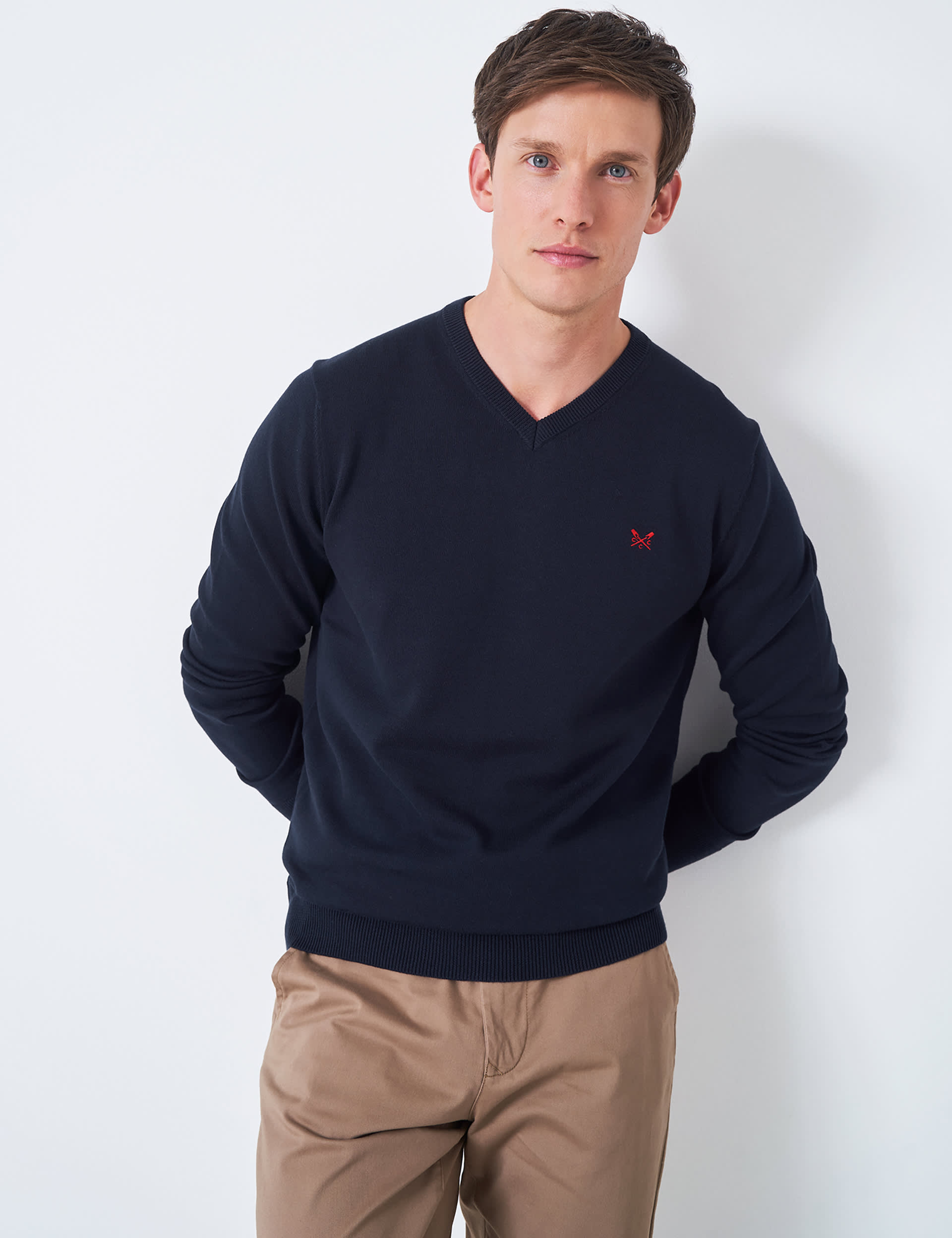 Crew Clothing Men's Cotton V-Neck Jumper - S - Dark Navy, Dark Navy,Light Grey