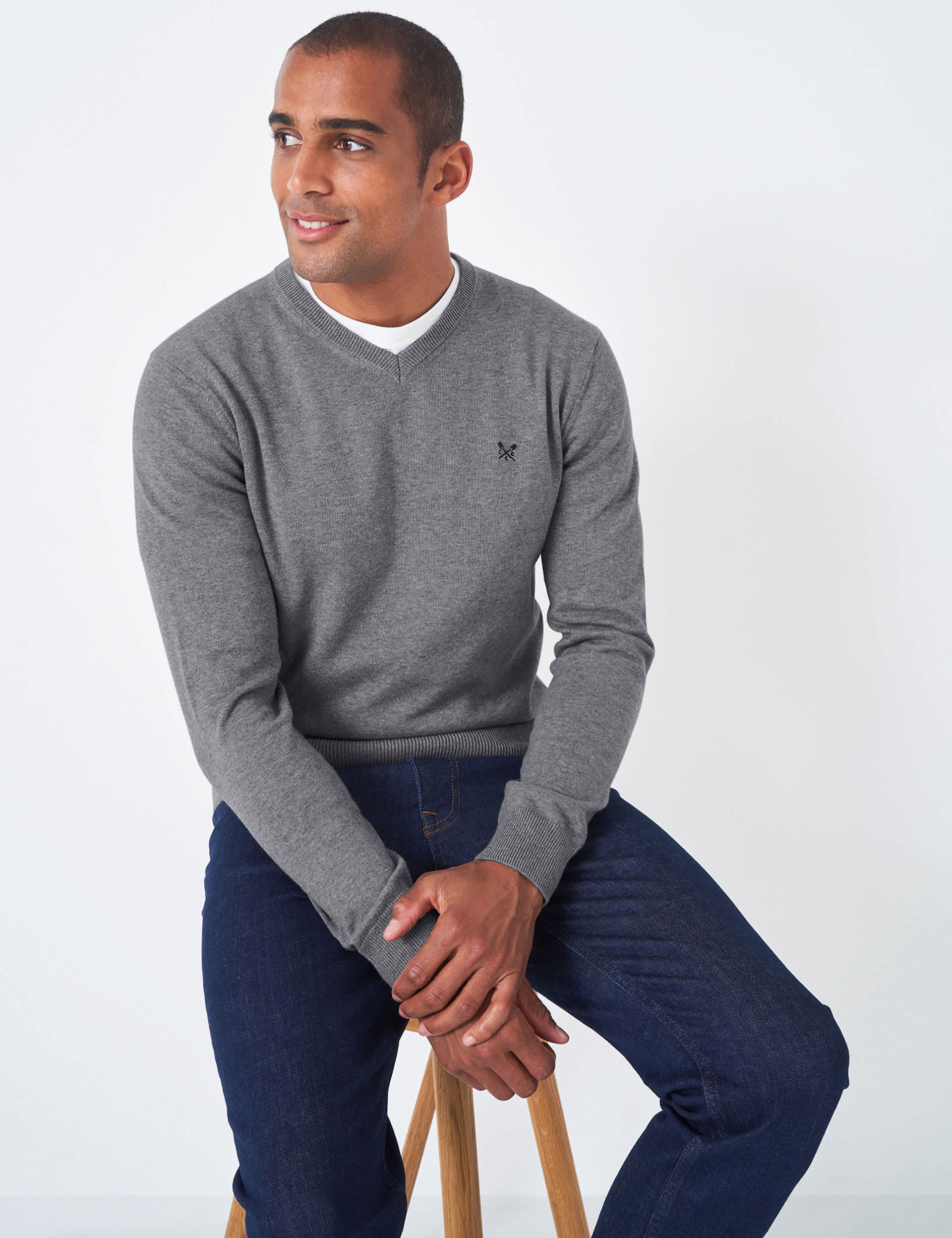 Crew Clothing Men's Cotton V-Neck Jumper - L - Light Grey, Light Grey,Dark Navy