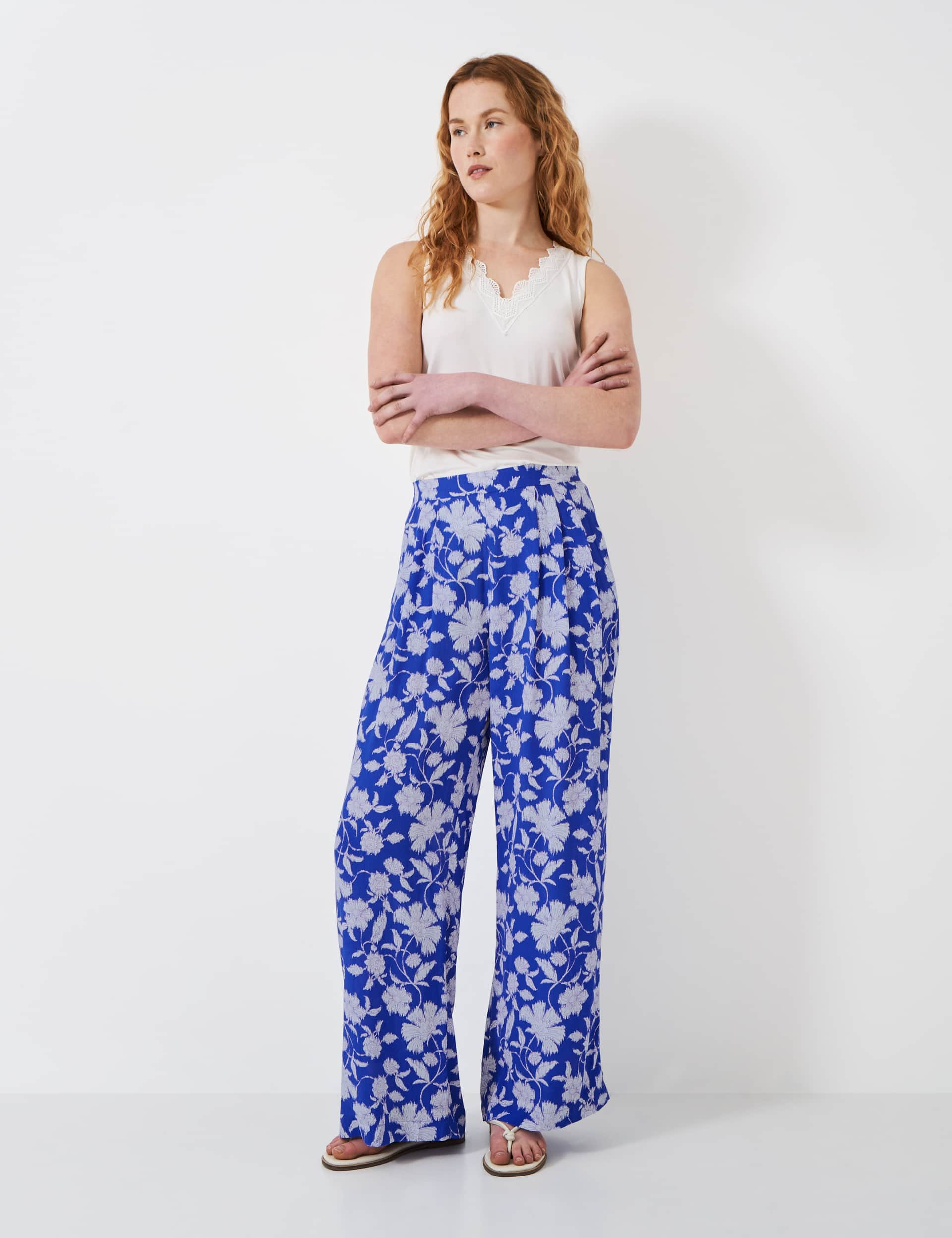 Crew Clothing Women's Pure Cotton Floral Wide Leg Trousers - 10 - Blue Mix, Blue Mix