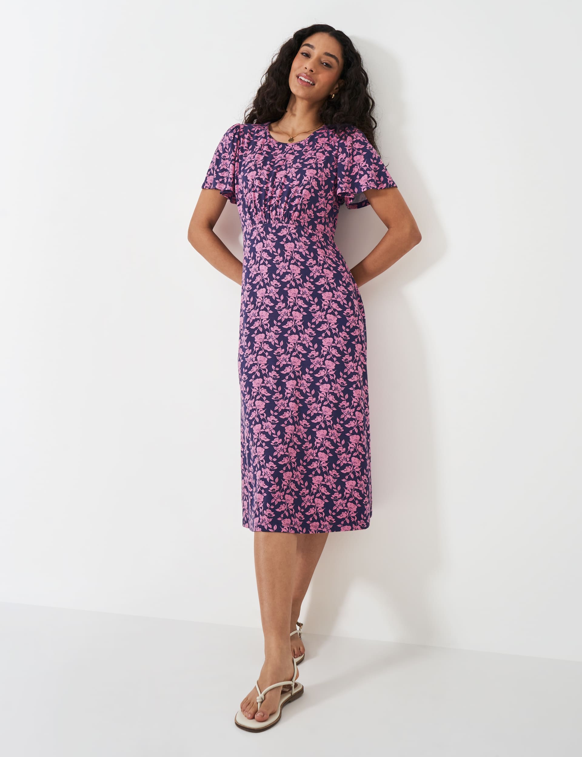 Crew Clothing Women's Jersey Floral Round Neck Midi Tea Dress - 10 - Navy Mix, Navy Mix