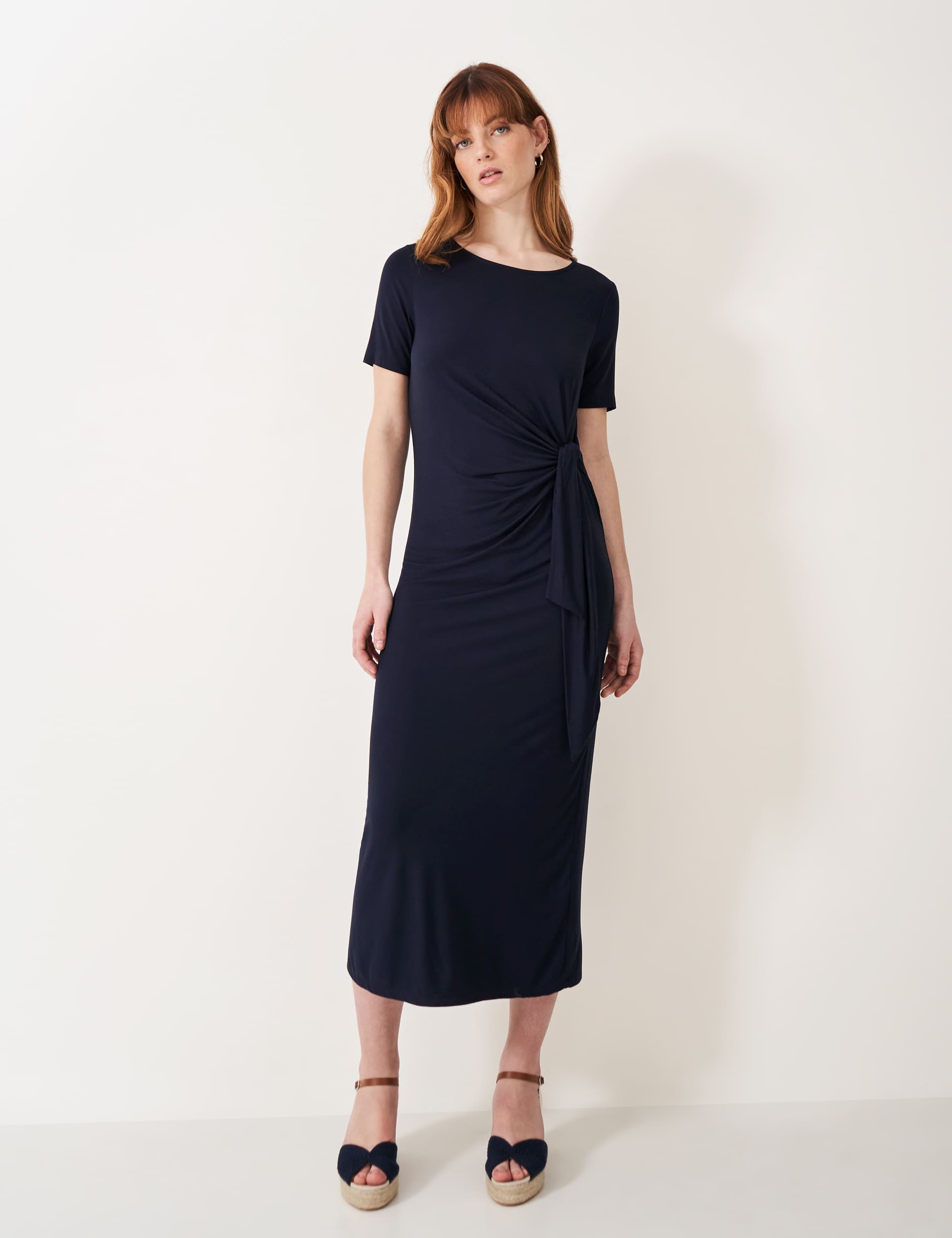 Crew Clothing Women's Jersey Slash Neck Tie Detail Midi Tea Dress - 10 - Navy, Navy