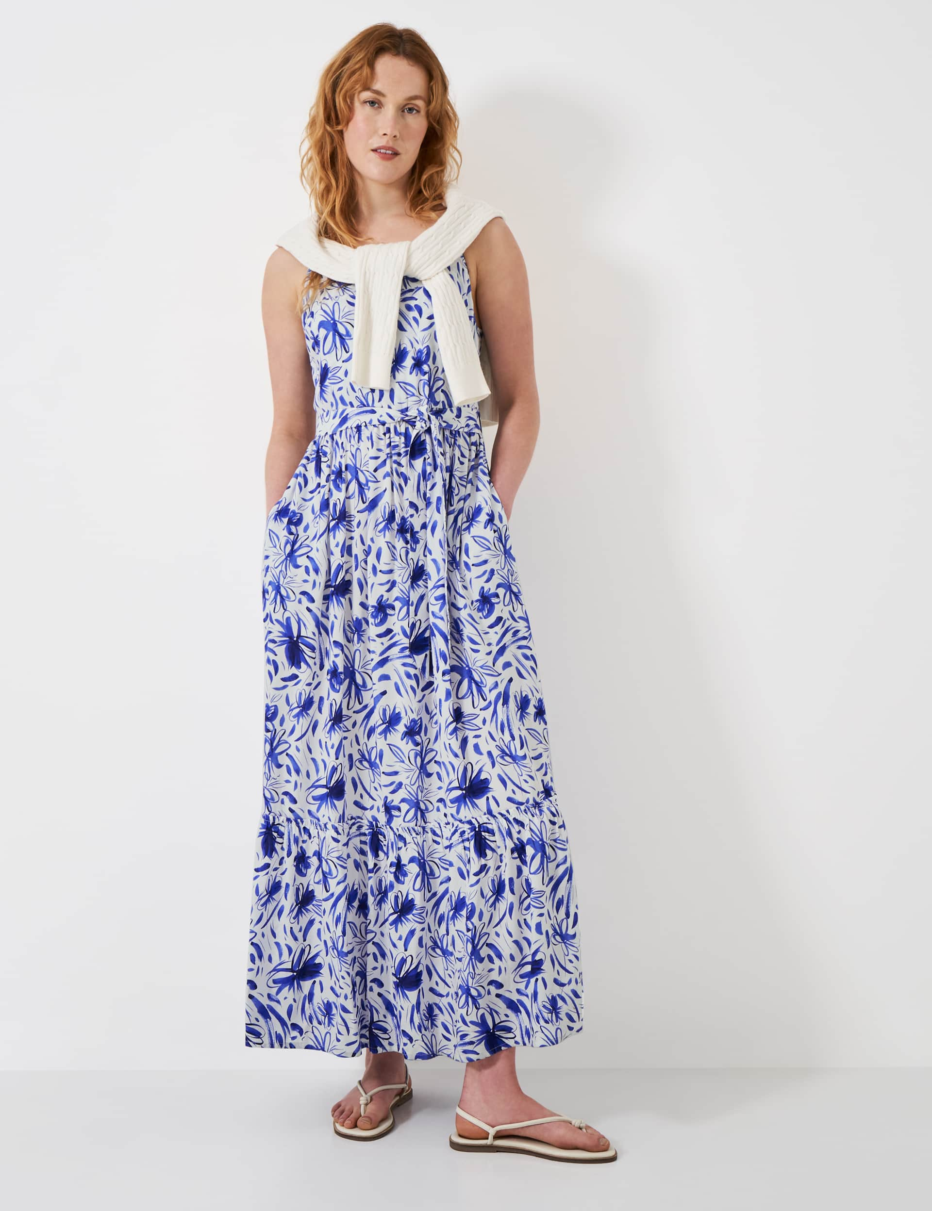 Crew Clothing Women's Floral Strappy Belted Maxi Waisted Dress - 12 - Blue Mix, Blue Mix