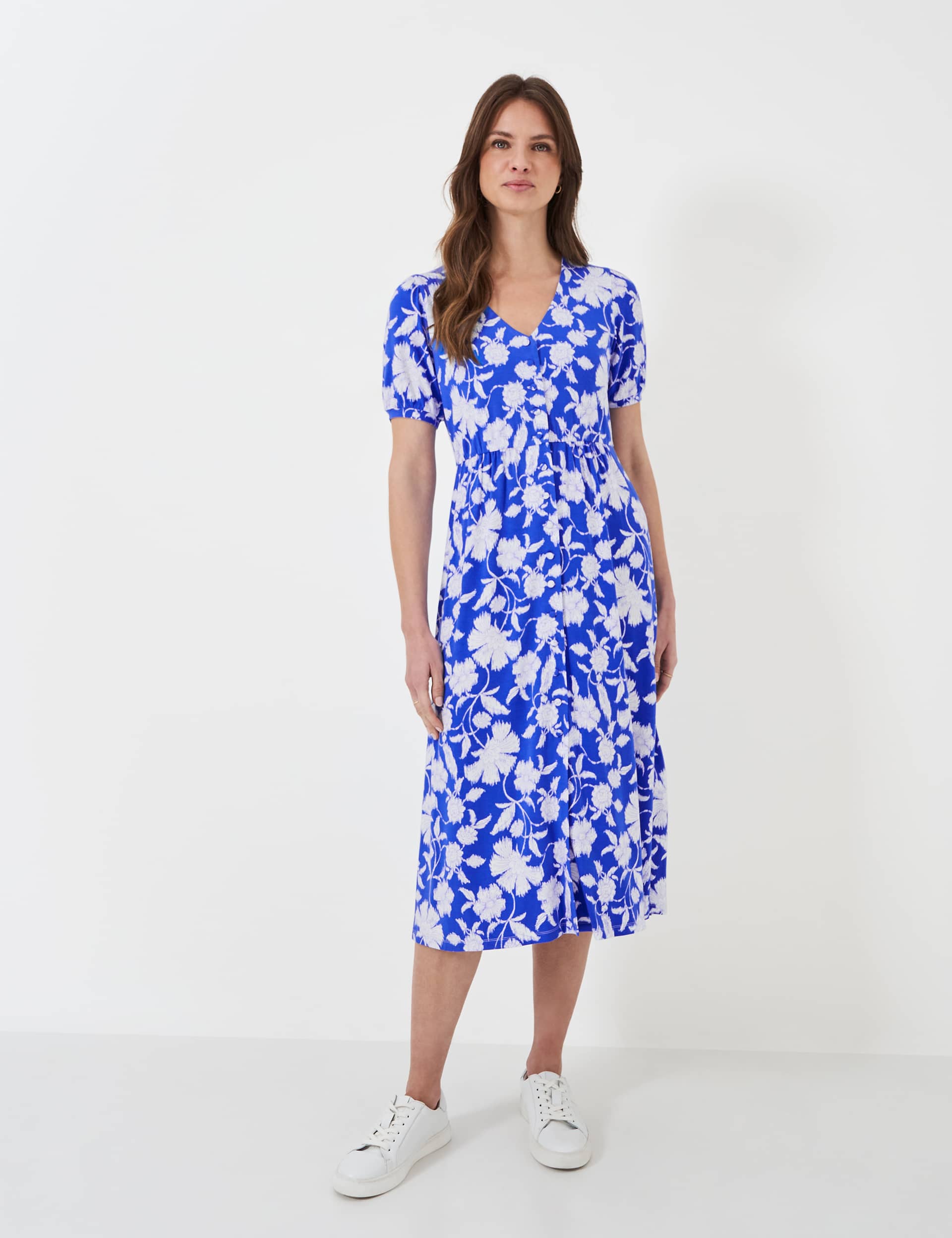 Crew Clothing Women's Jersey Floral Button Through Midi Tea Dress