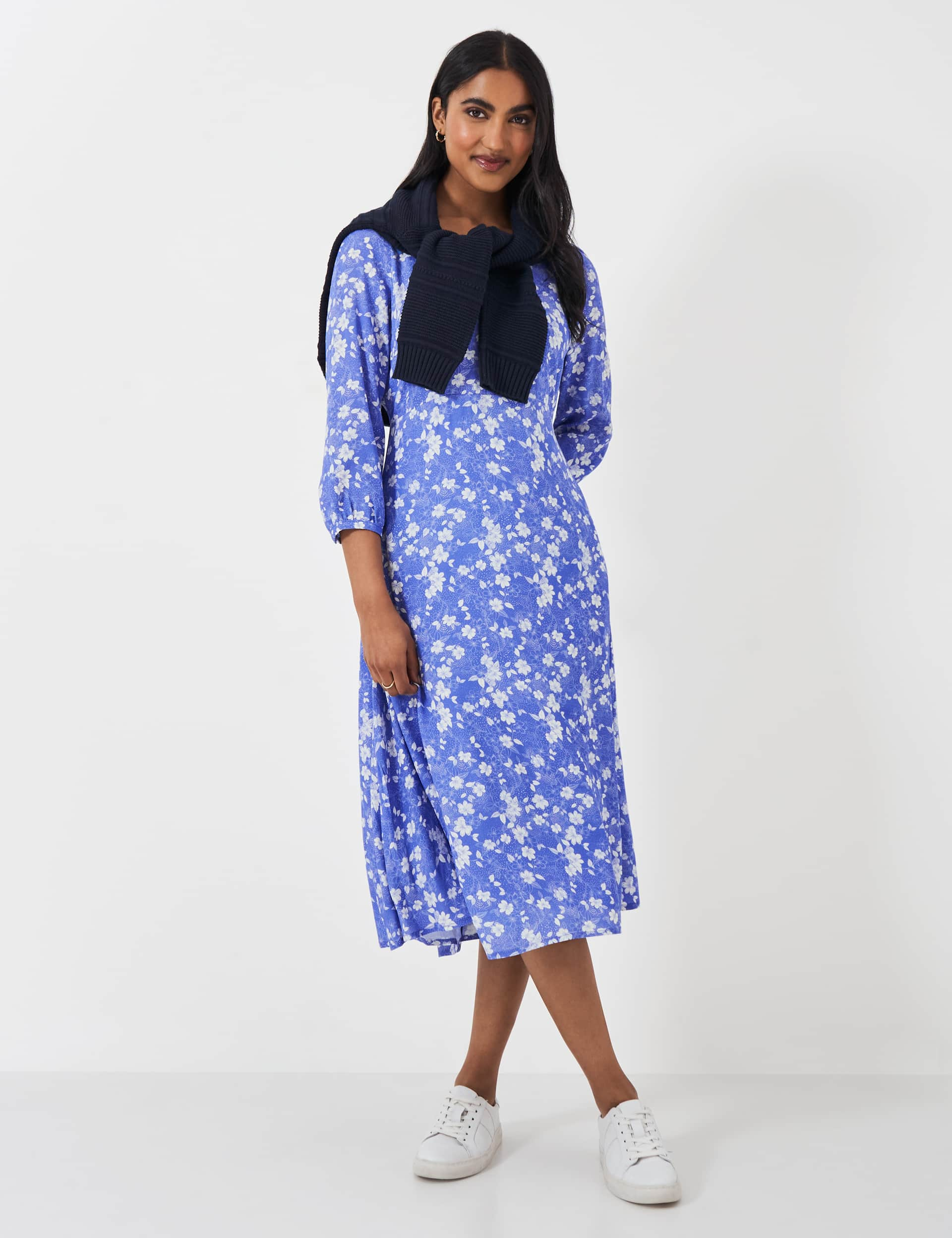 Crew Clothing Women's Floral V-Neck Midi Tea Dress - 12 - Blue Mix, Blue Mix