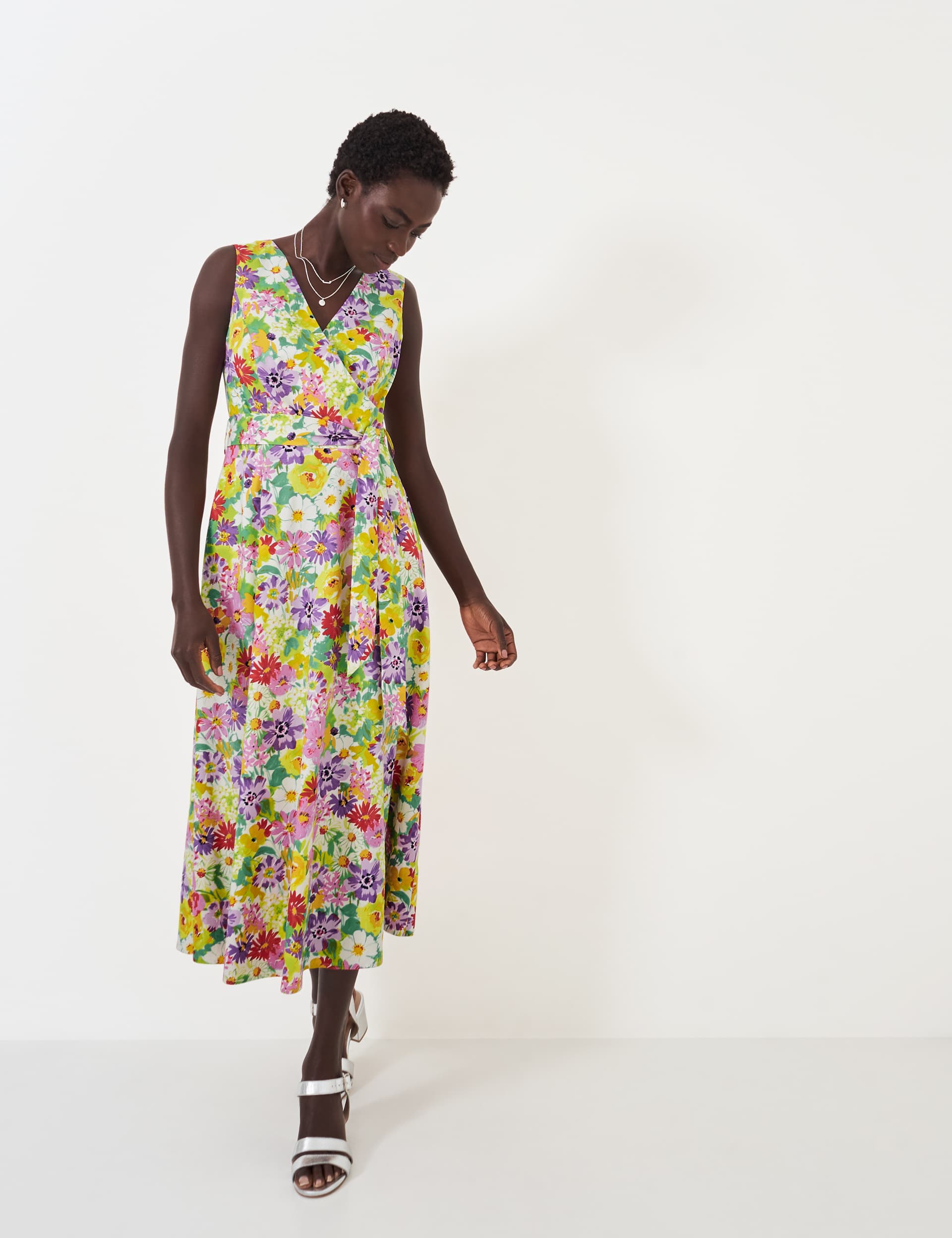 Crew Clothing Women's Cotton Blend Floral V-Neck Midi Wrap Dress