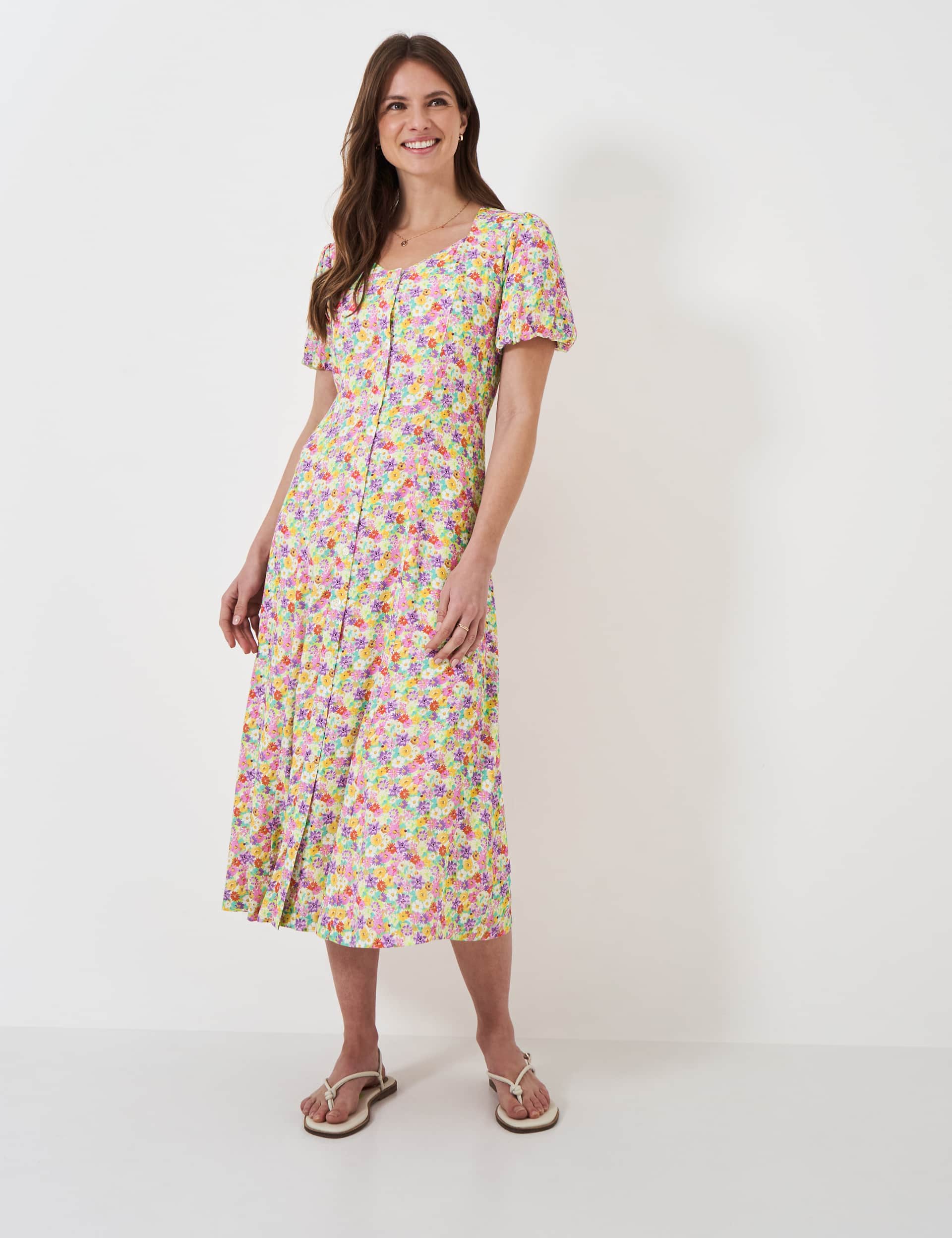 Crew Clothing Women's Floral Puff Sleeve Midi Tea Dress