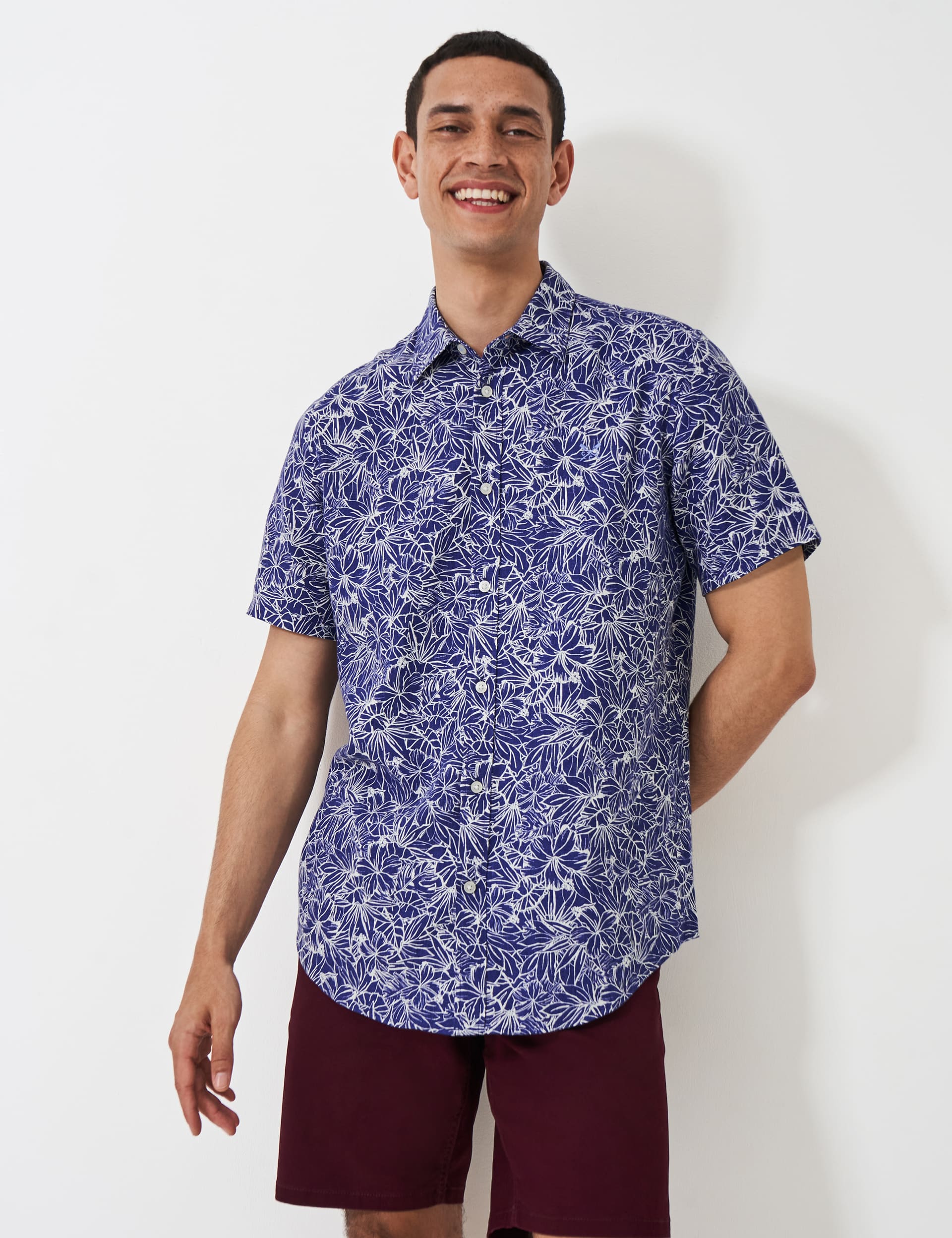 Crew Clothing Men's Linen Blend Floral Shirt - XL - Medium Blue, Medium Blue