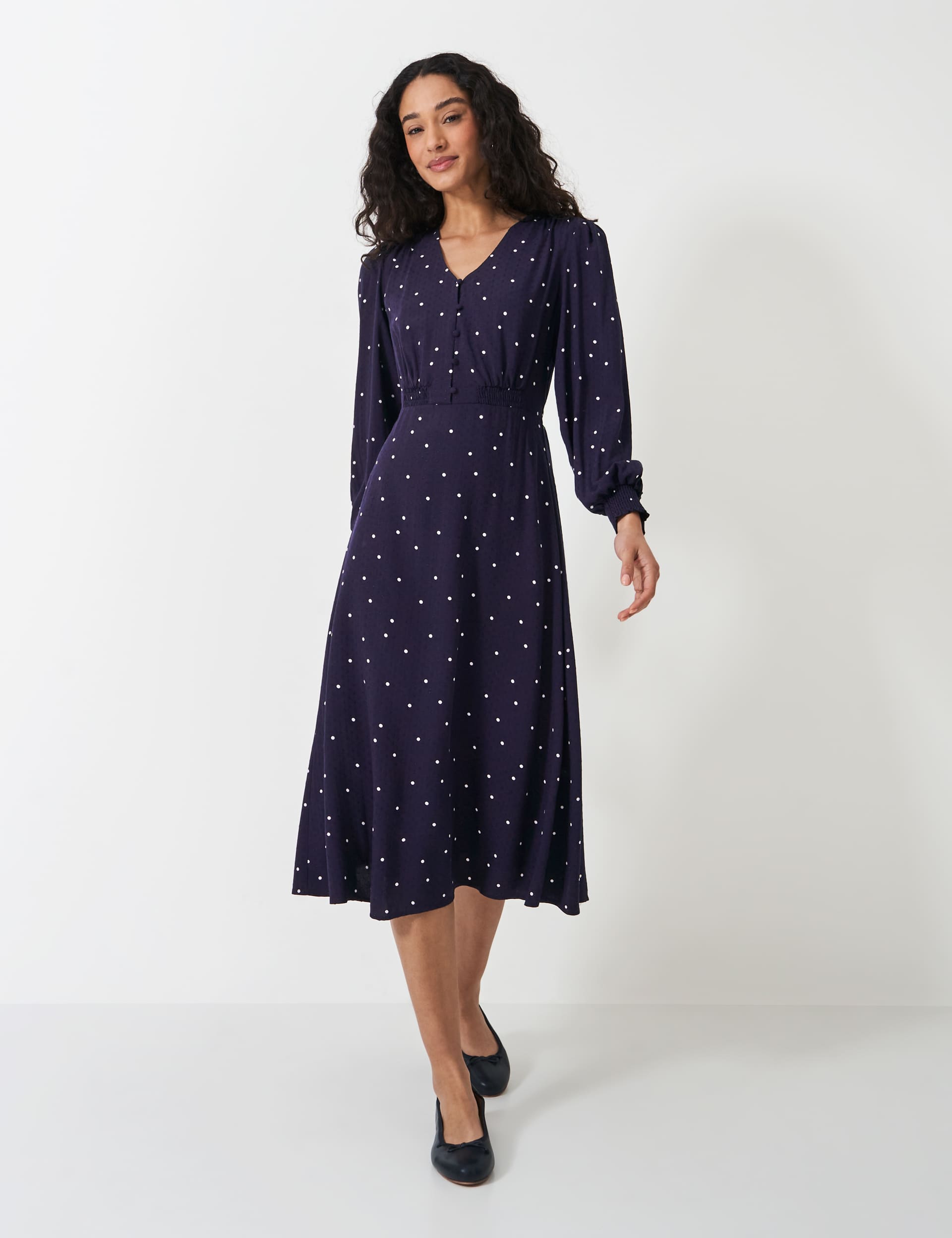 Crew Clothing Women's Polka Dot Textured V-Neck Midi Waisted Dress