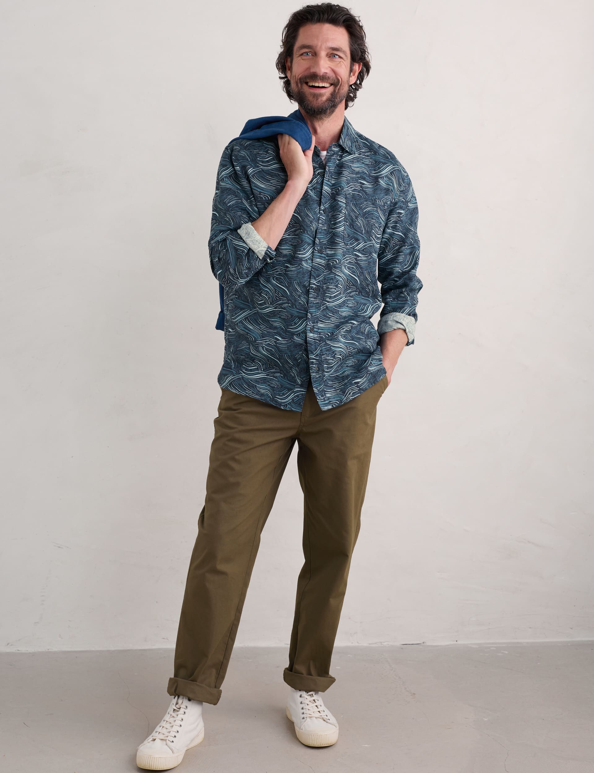 Seasalt Cornwall Men's Pure Linen Print Shirt - Navy Mix, Navy Mix