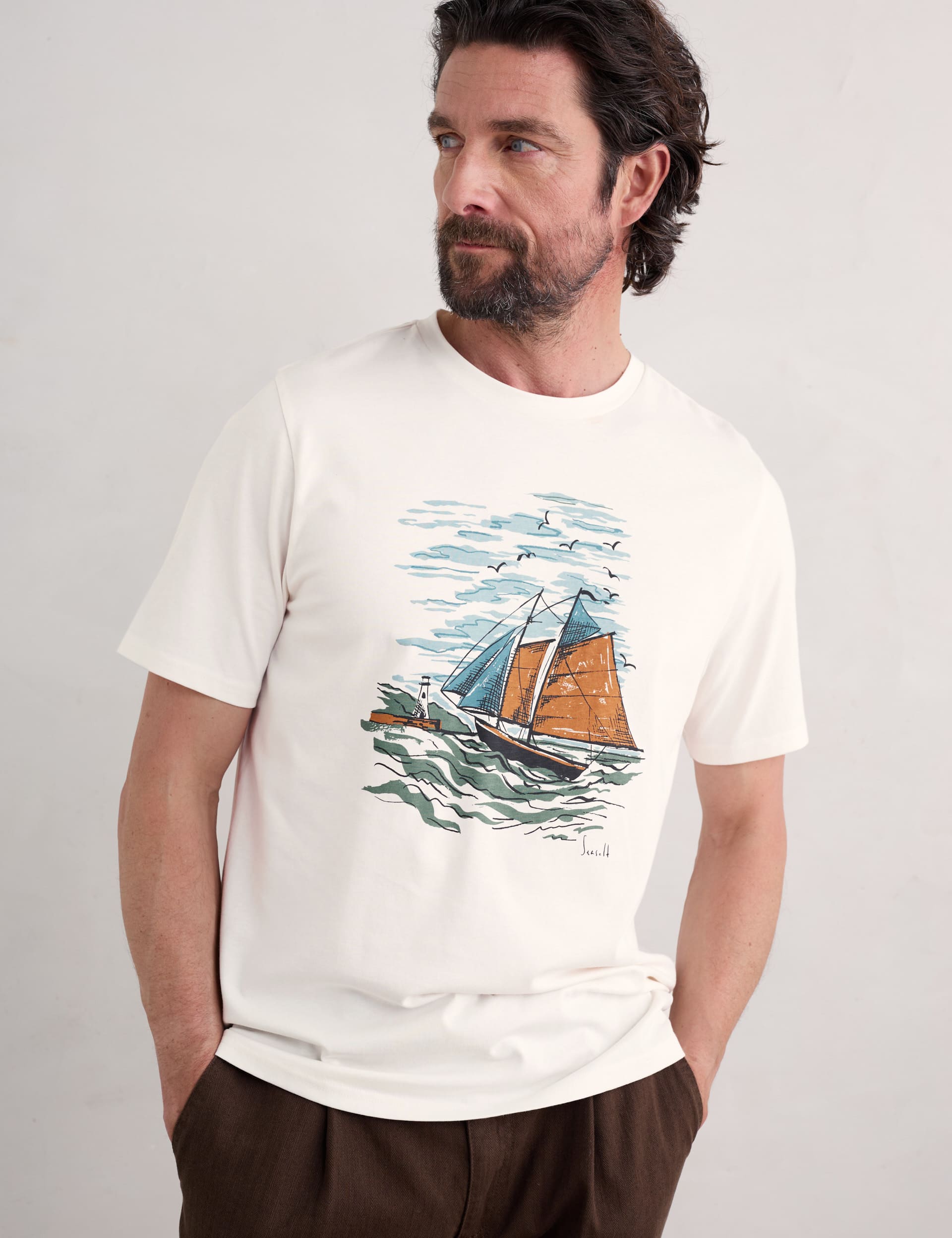 Seasalt Cornwall Men's Pure Cotton Printed Crew Neck T-Shirt - M - White Mix, White Mix