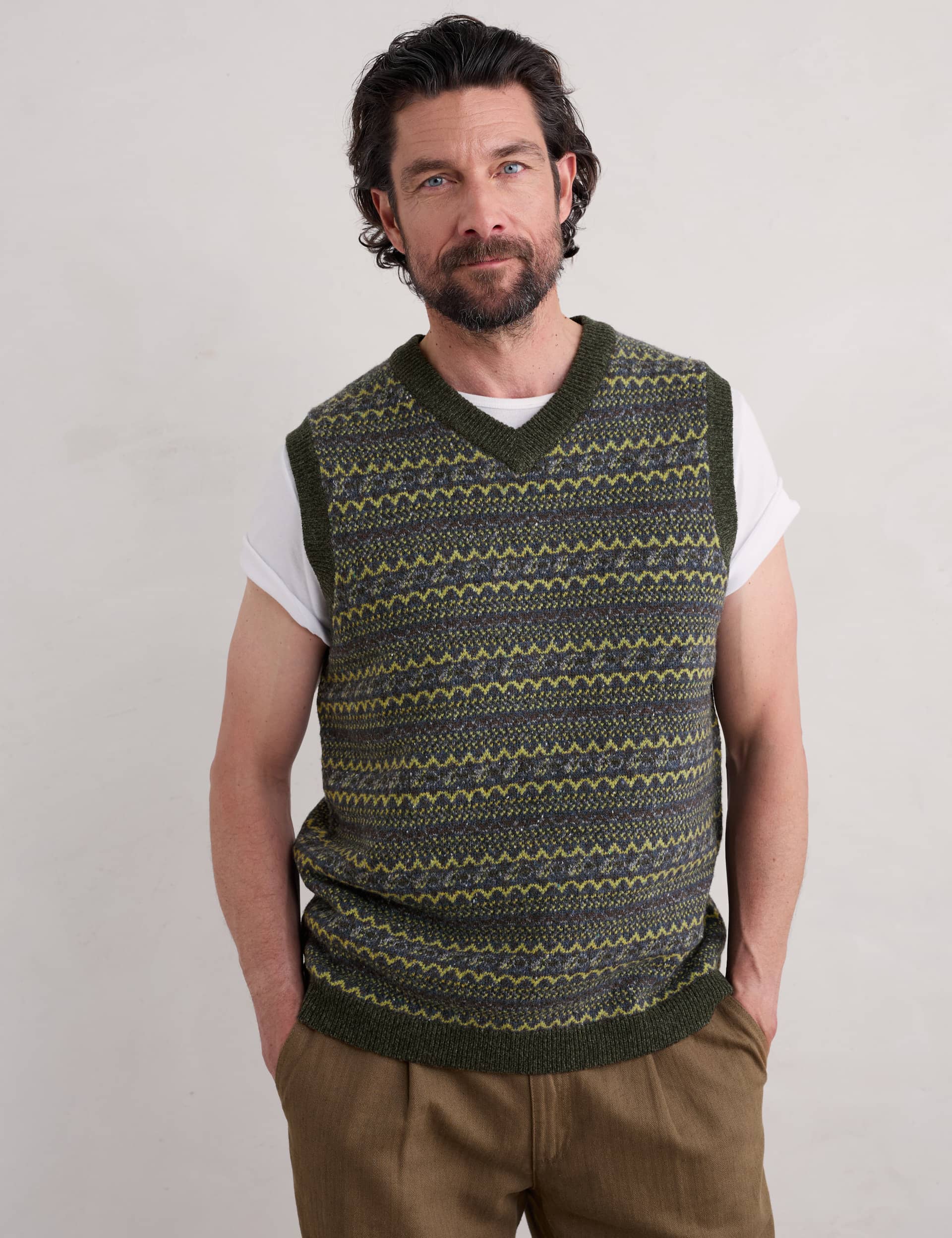 Seasalt Cornwall Men's Lambswool Rich Fair Isle Knitted Vest - Green Mix, Green Mix