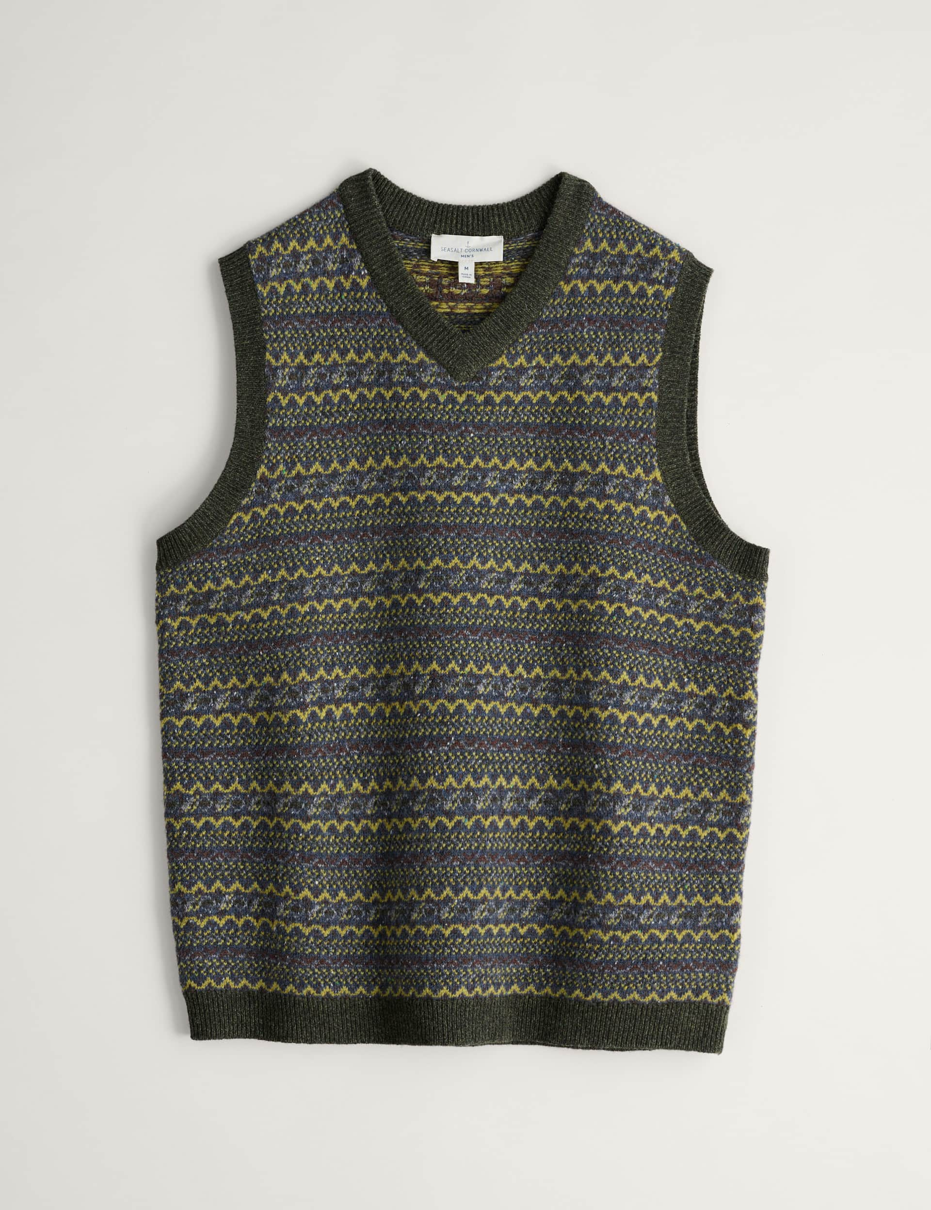 Seasalt Cornwall Men's Lambswool Rich Fair Isle Knitted Vest - Green Mix, Green Mix