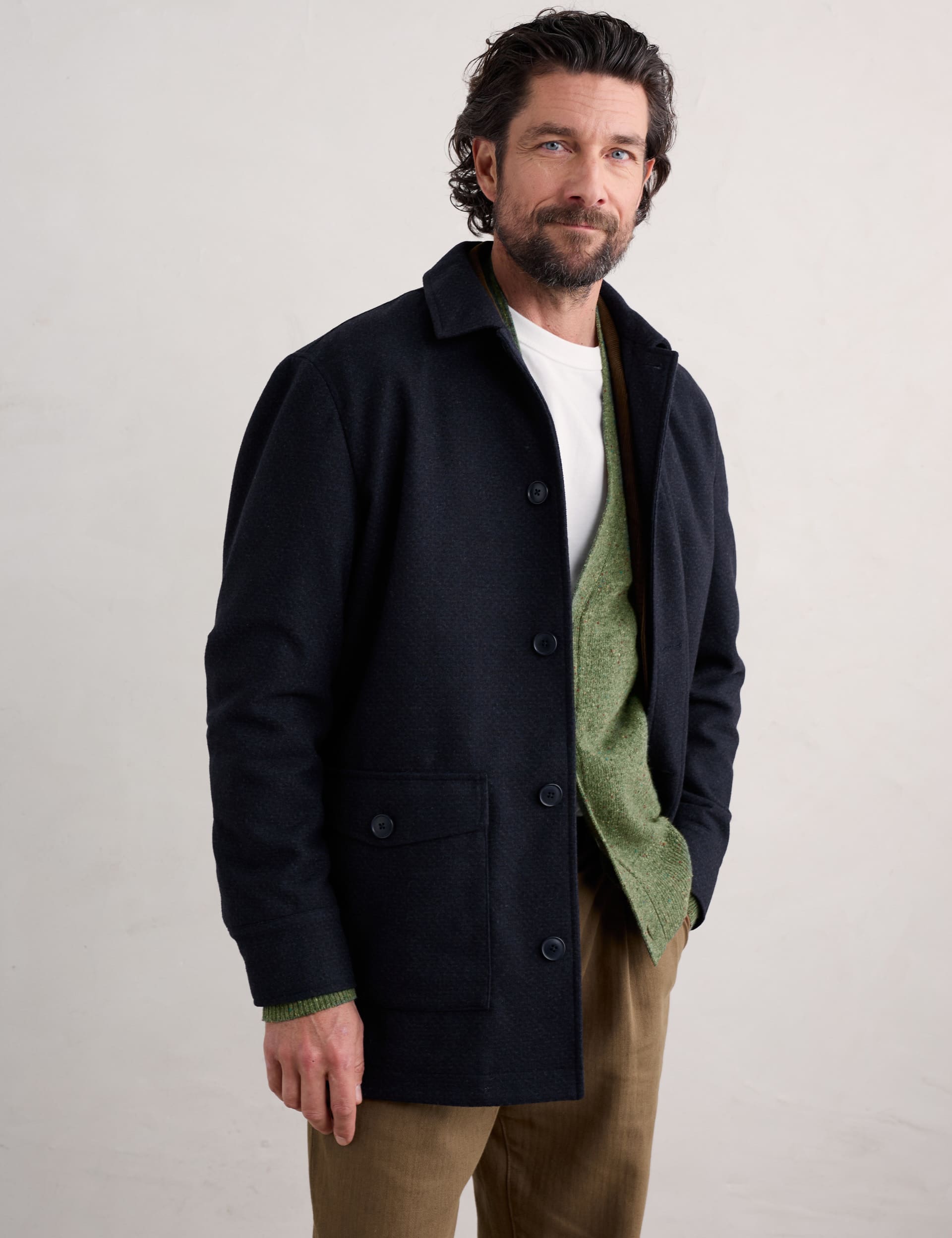 Seasalt Cornwall Men's Wool Rich Overcoat - Navy, Navy