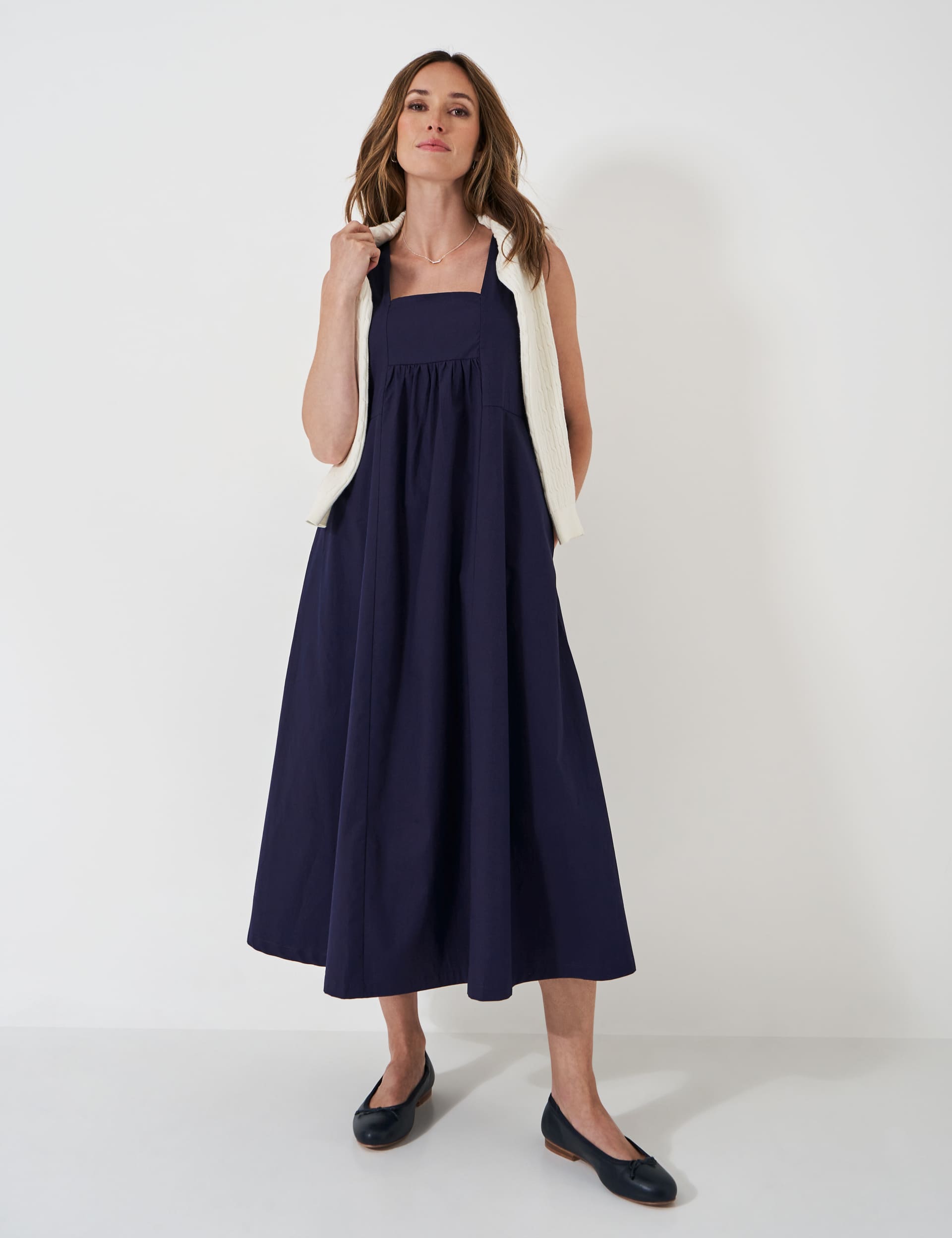 Crew Clothing Women's Pure Cotton Square Neck Midi Shirred Dress - 12 - Navy, Navy