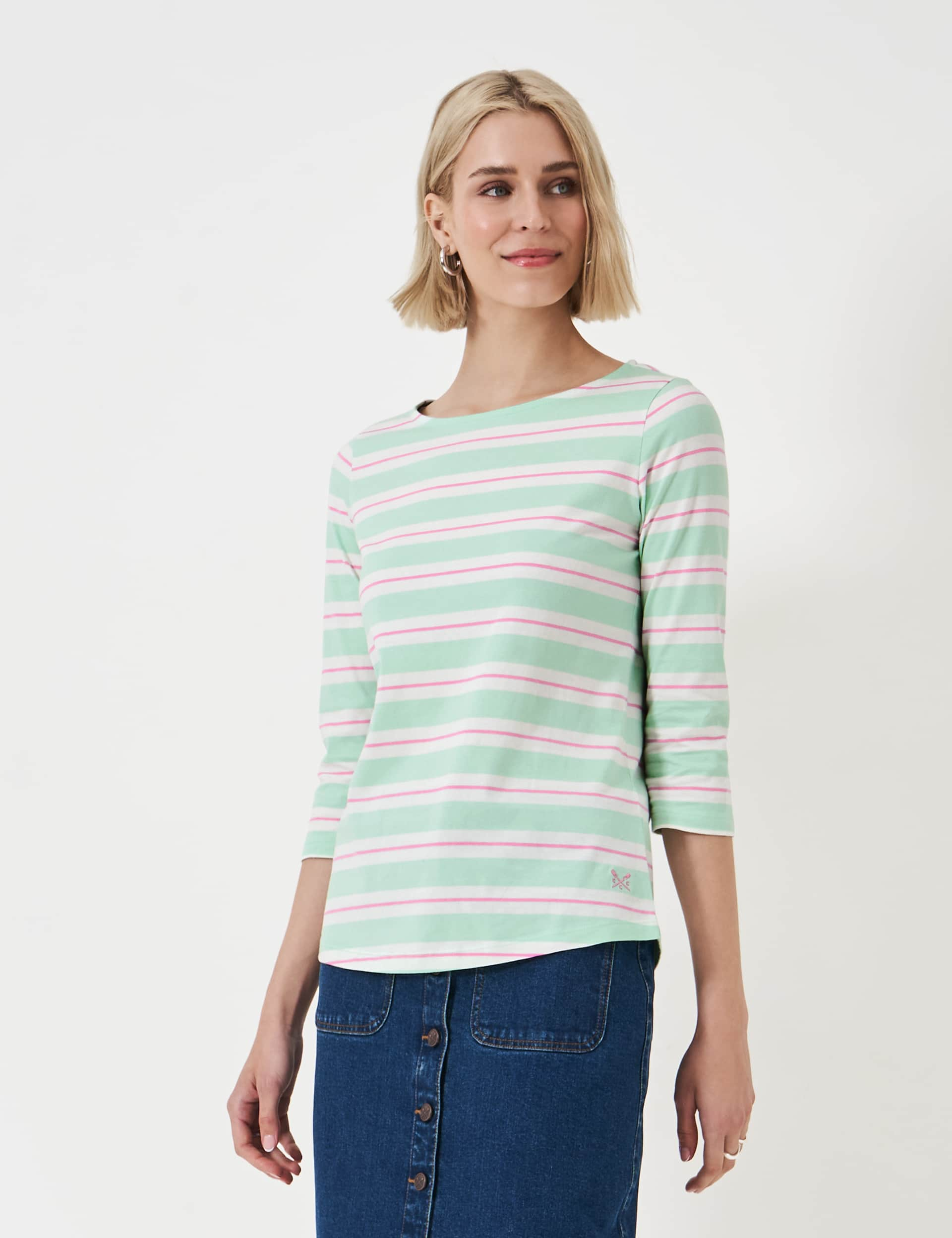 Crew Clothing Women's Pure Cotton Striped Top - 10 - Green Mix, Green Mix,Pink Mix