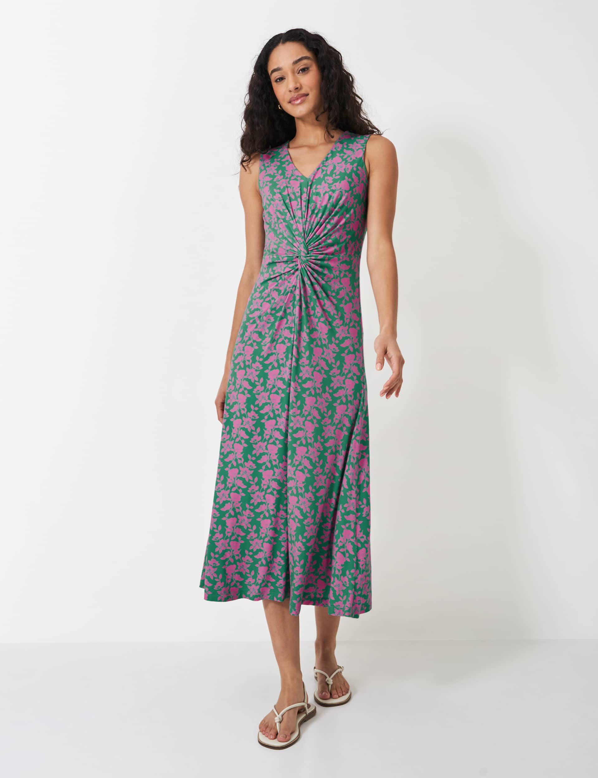 Crew Clothing Women's Jersey Floral V-Neck Midi Waisted Dress - 12 - Green Mix, Green Mix