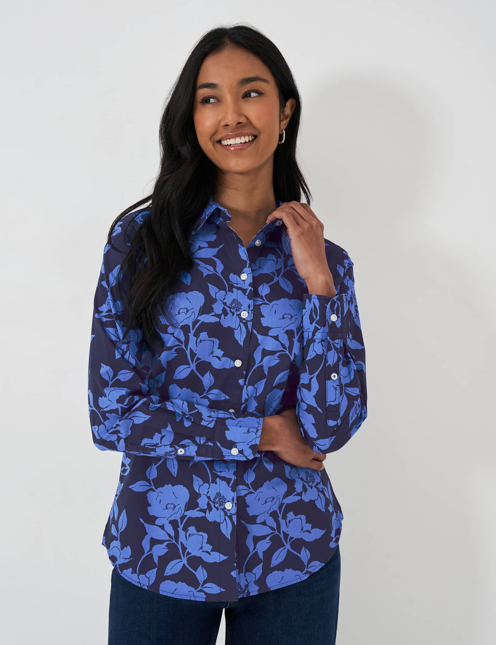 Crew Clothing Women's Pure Cotton Floral Button Through Shirt - 12 - Navy Mix, Navy Mix,Pink Mix