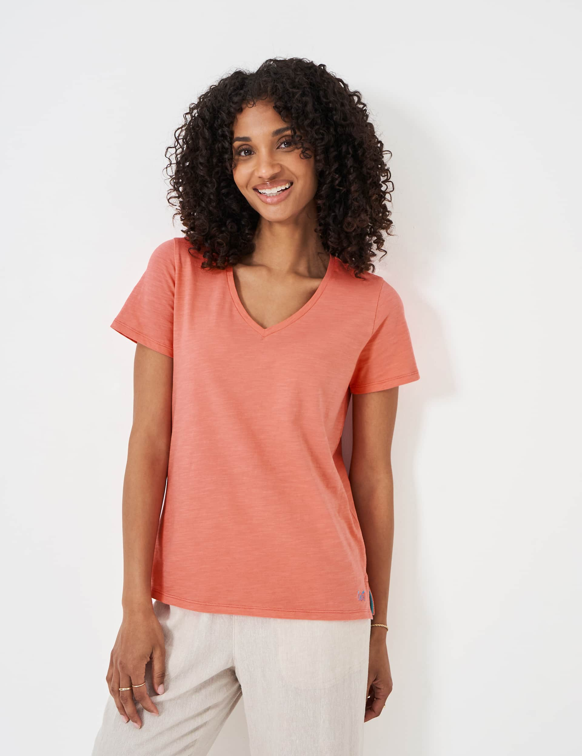 Crew Clothing Women's Pure Cotton V-Neck T-Shirt - 12 - Coral, Light Green,Coral