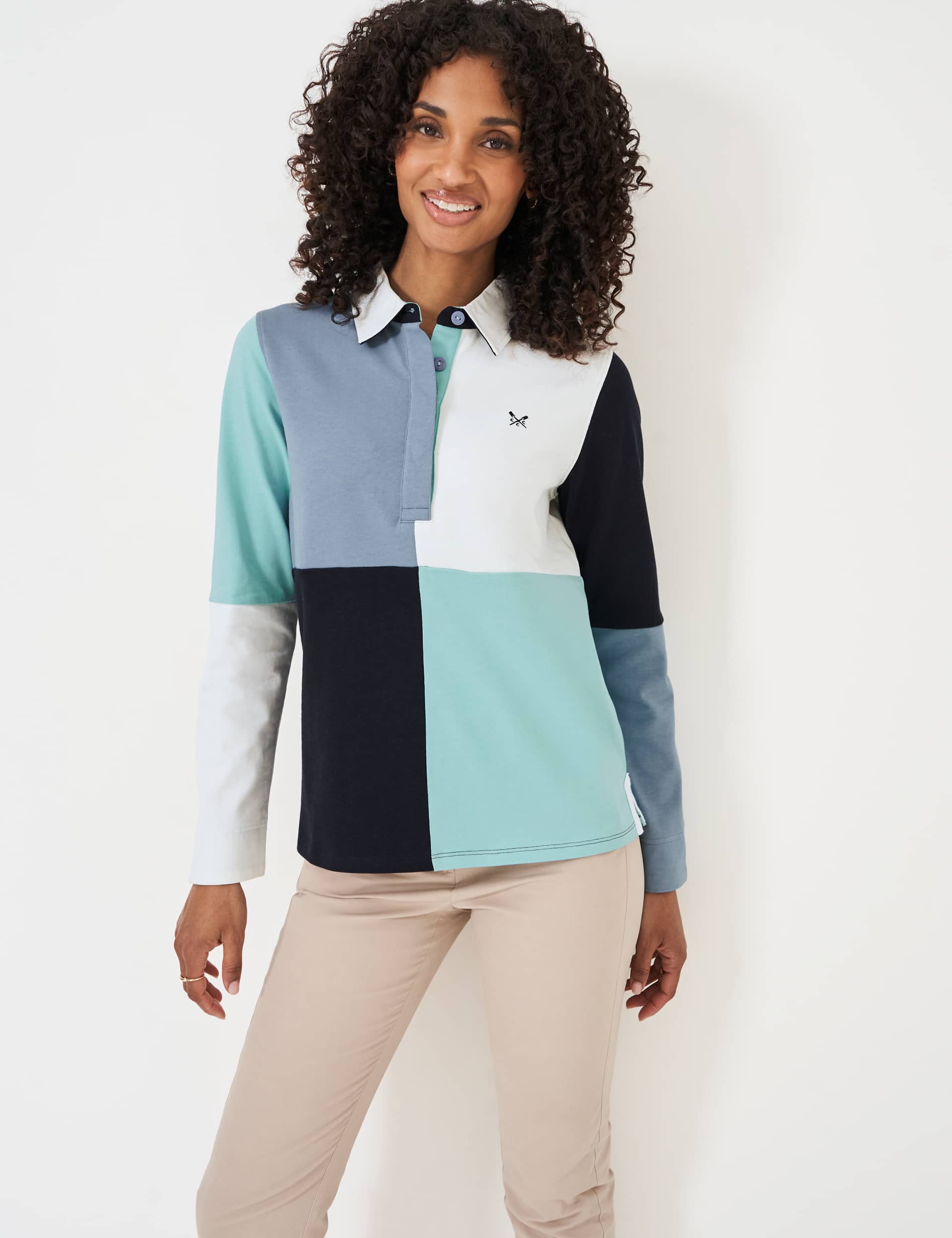 Crew Clothing Women's Pure Cotton Colour Block Rugby Top - 12 - Light Blue Mix, Light Blue Mix