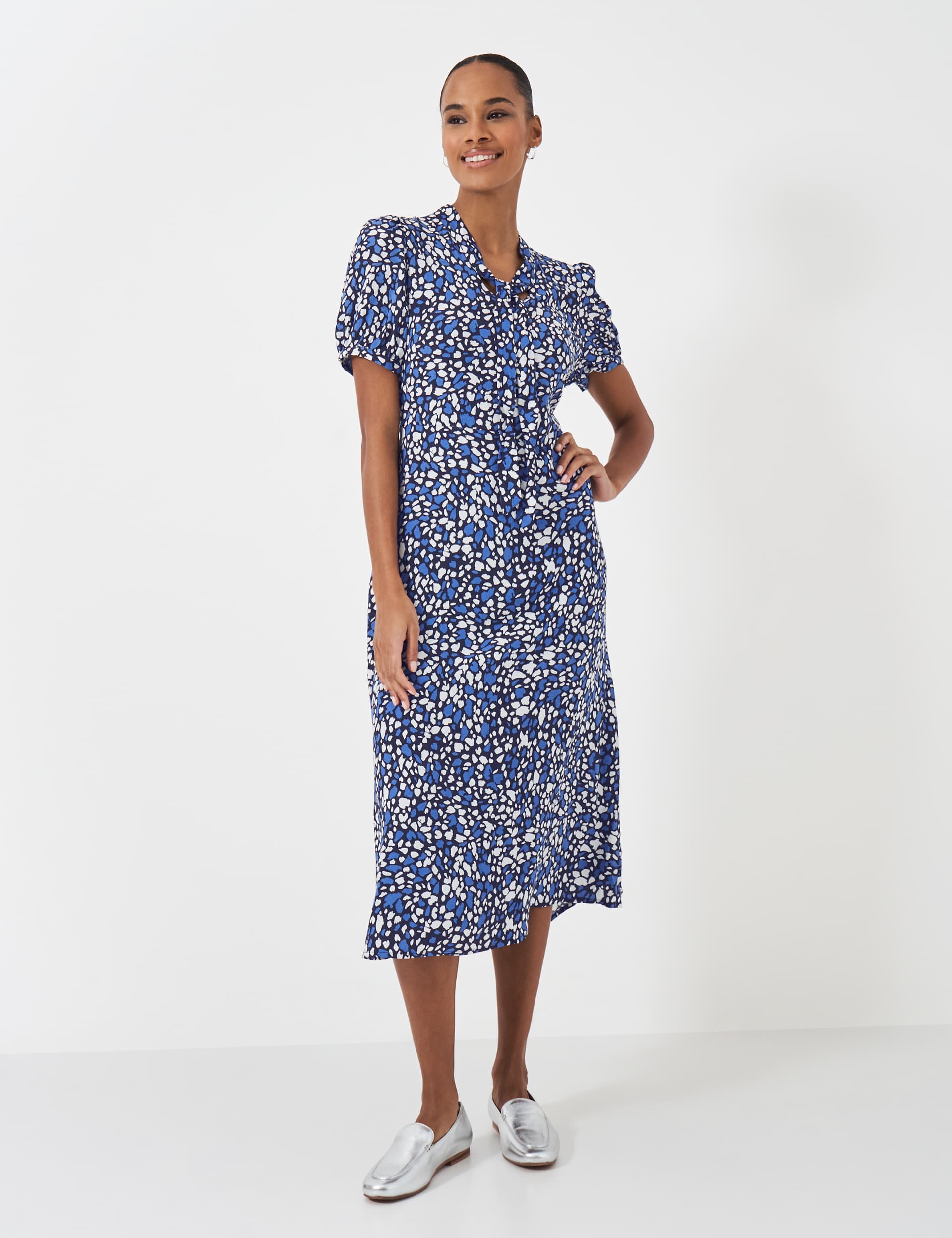 Crew Clothing Women's Printed Tie Neck Midi Tea Dress - 12 - Blue Mix, Blue Mix