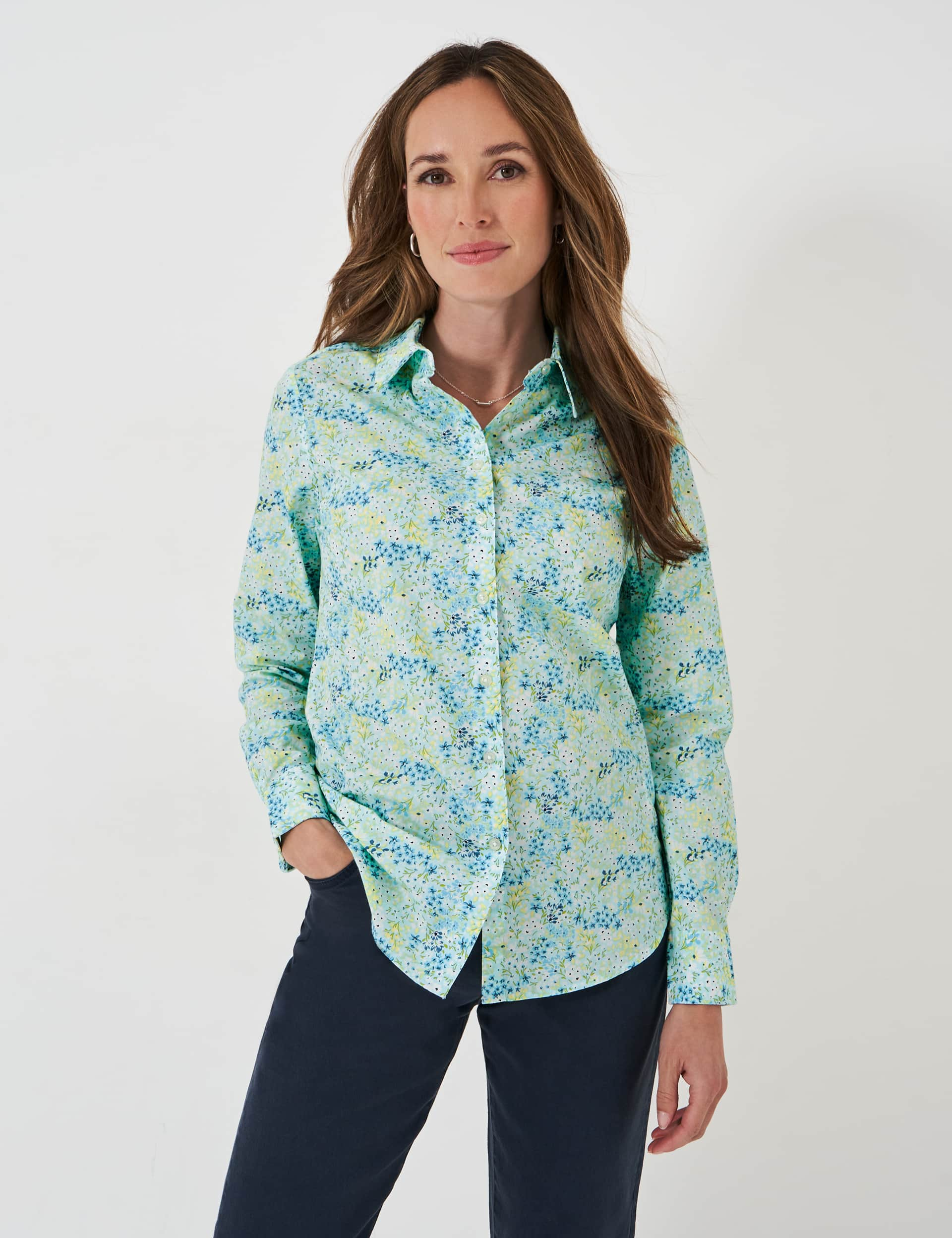 Crew Clothing Women's Pure Cotton Floral Collared Blouse - 12 - Light Blue Mix, Light Blue Mix