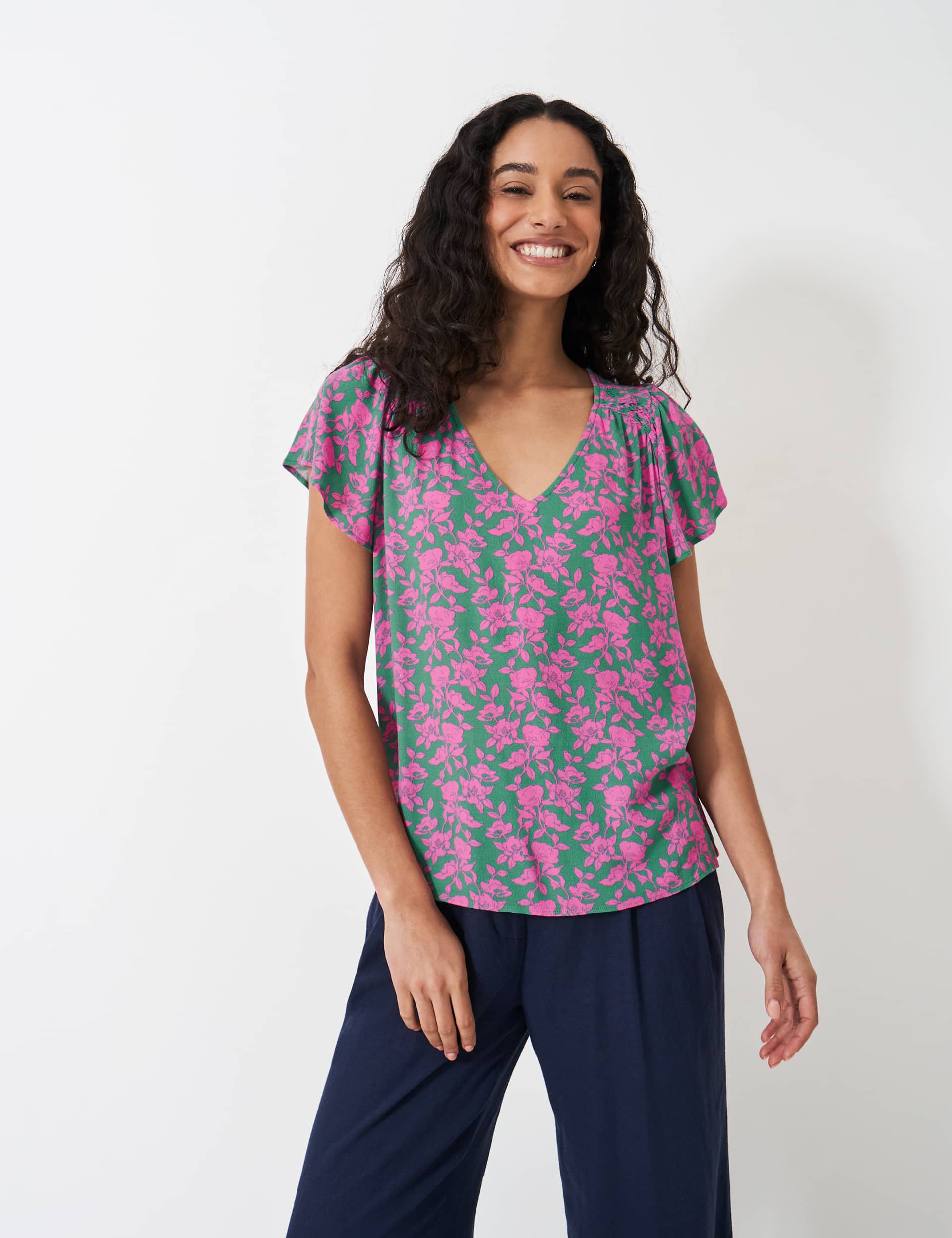 Crew Clothing Women's Floral Frill Sleeve Top - 12 - Green Mix, Blue Mix,Green Mix