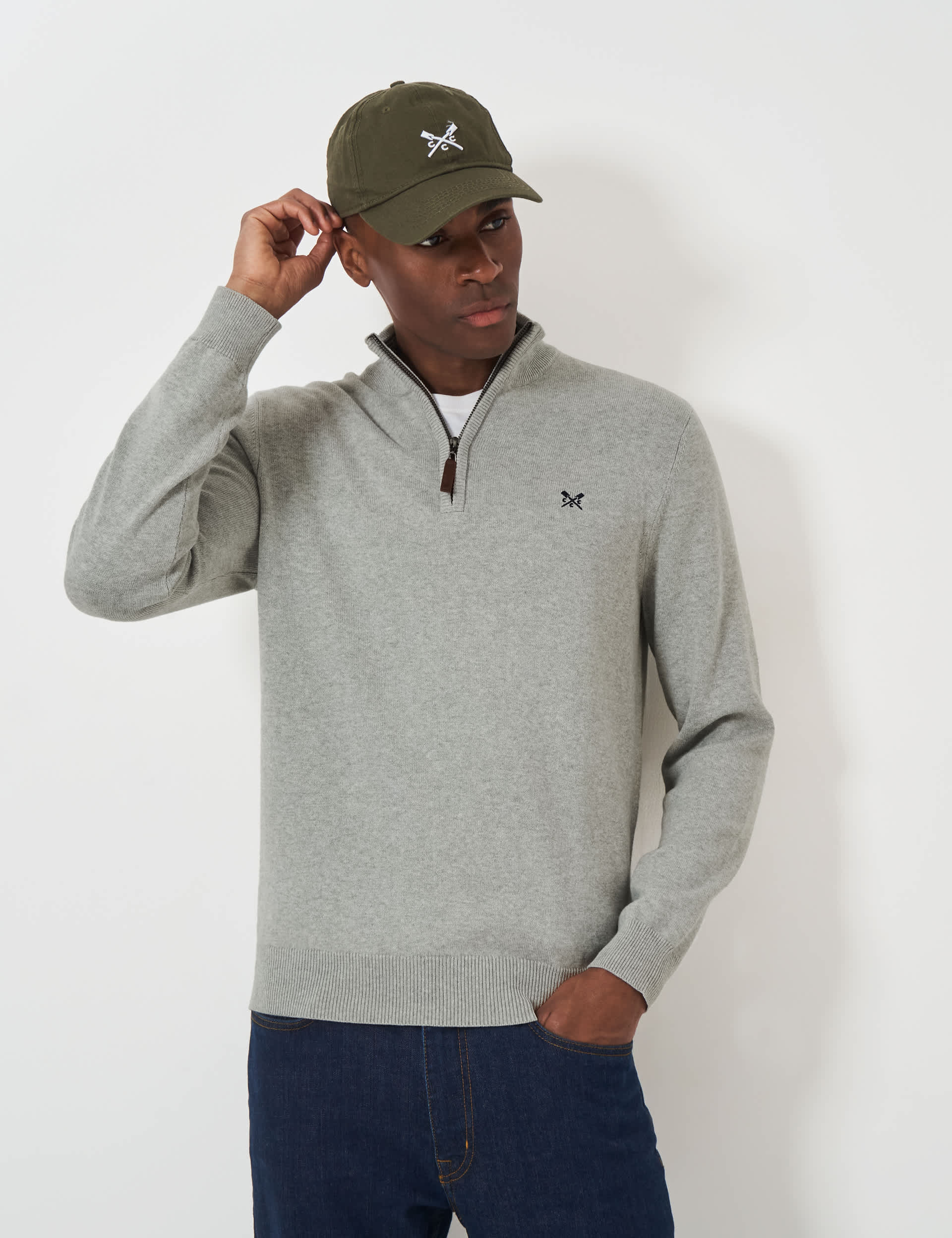 Crew Clothing Men's Pure Cotton Half Zip Jumper - Grey Marl, Grey Marl,Charcoal