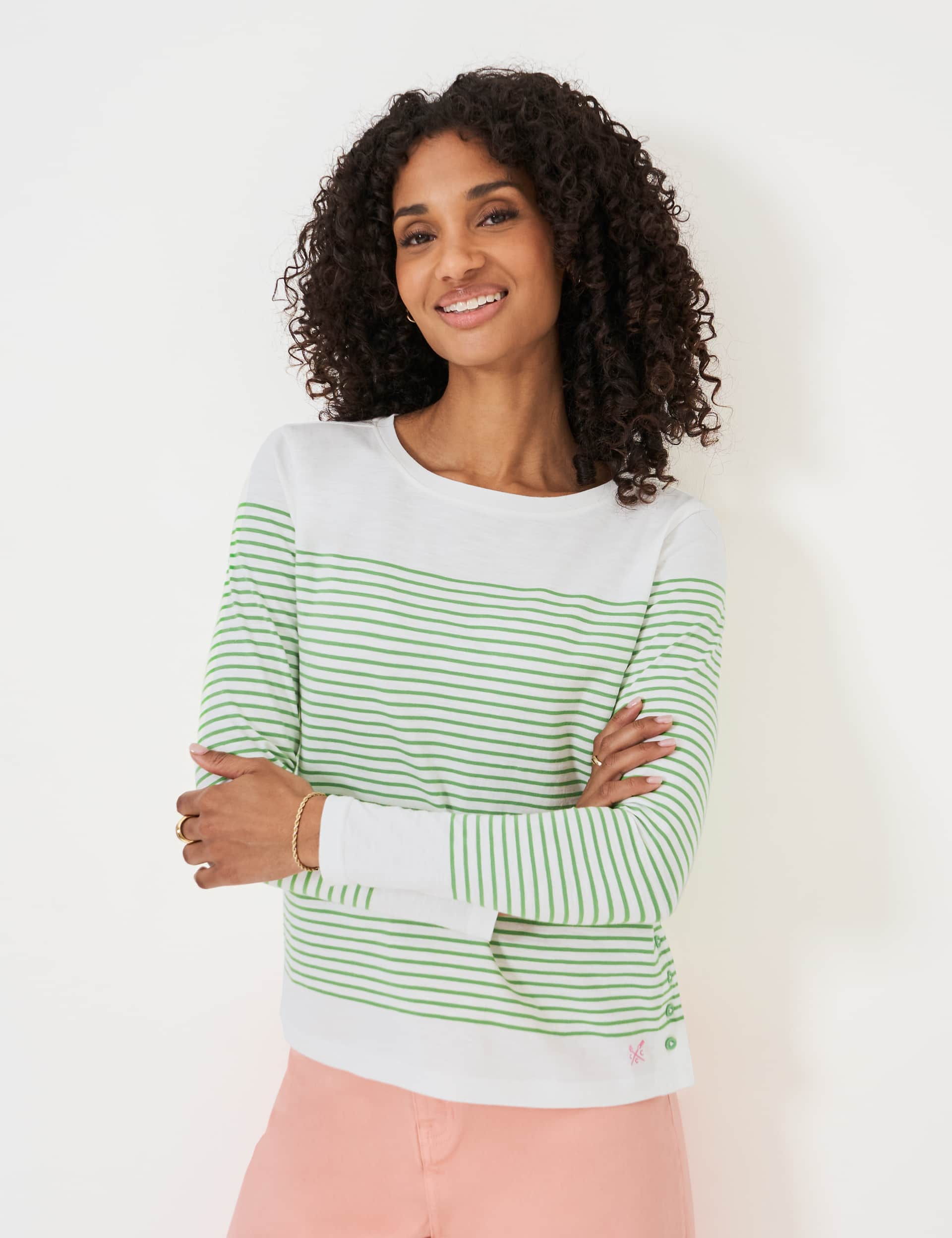 Crew Clothing Women's Jersey Striped Button Side Top - 12 - White Mix, White Mix