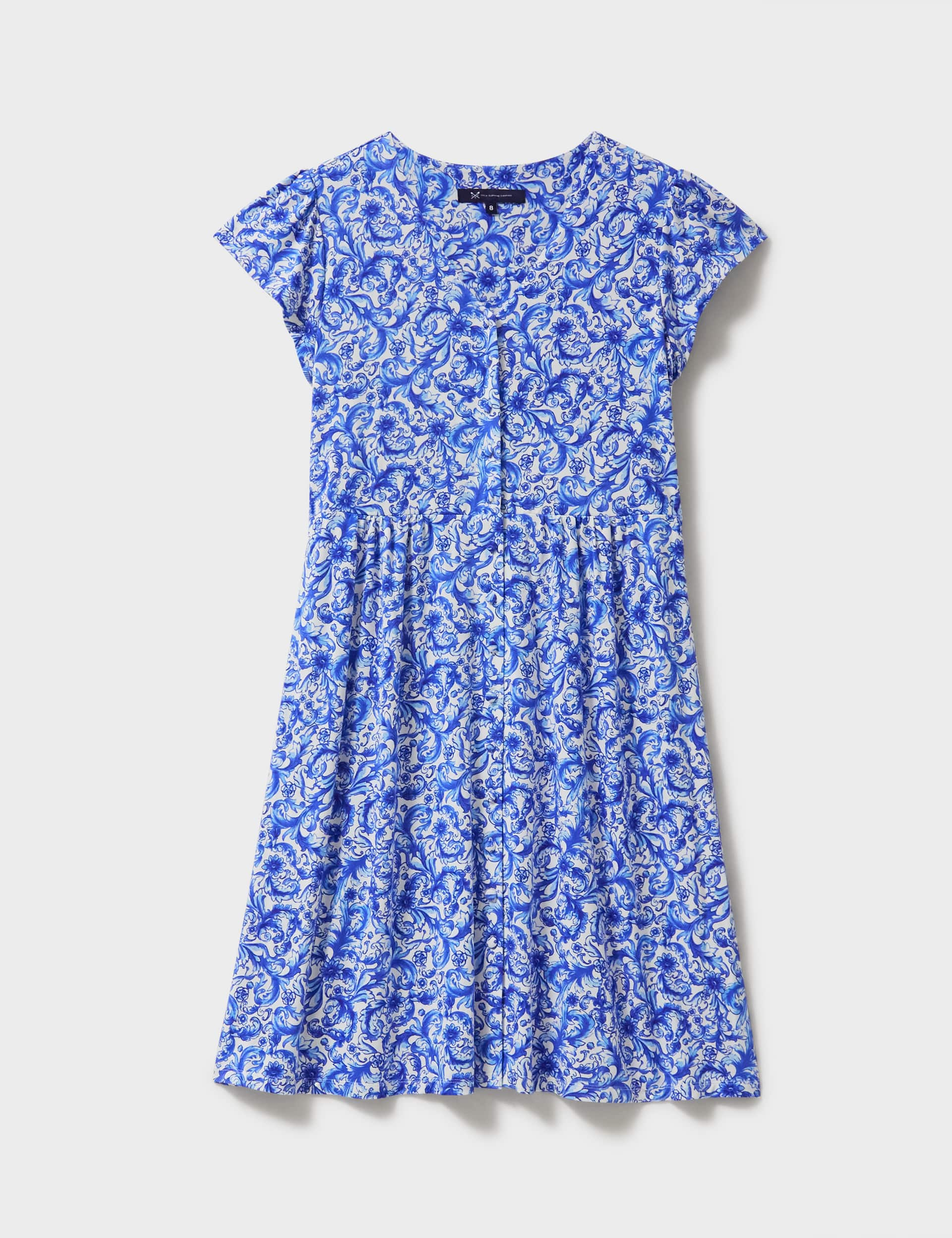 Crew Clothing Women's Jersey Floral V-Neck Knee Length Tea Dress - 8 - Blue Mix, Blue Mix