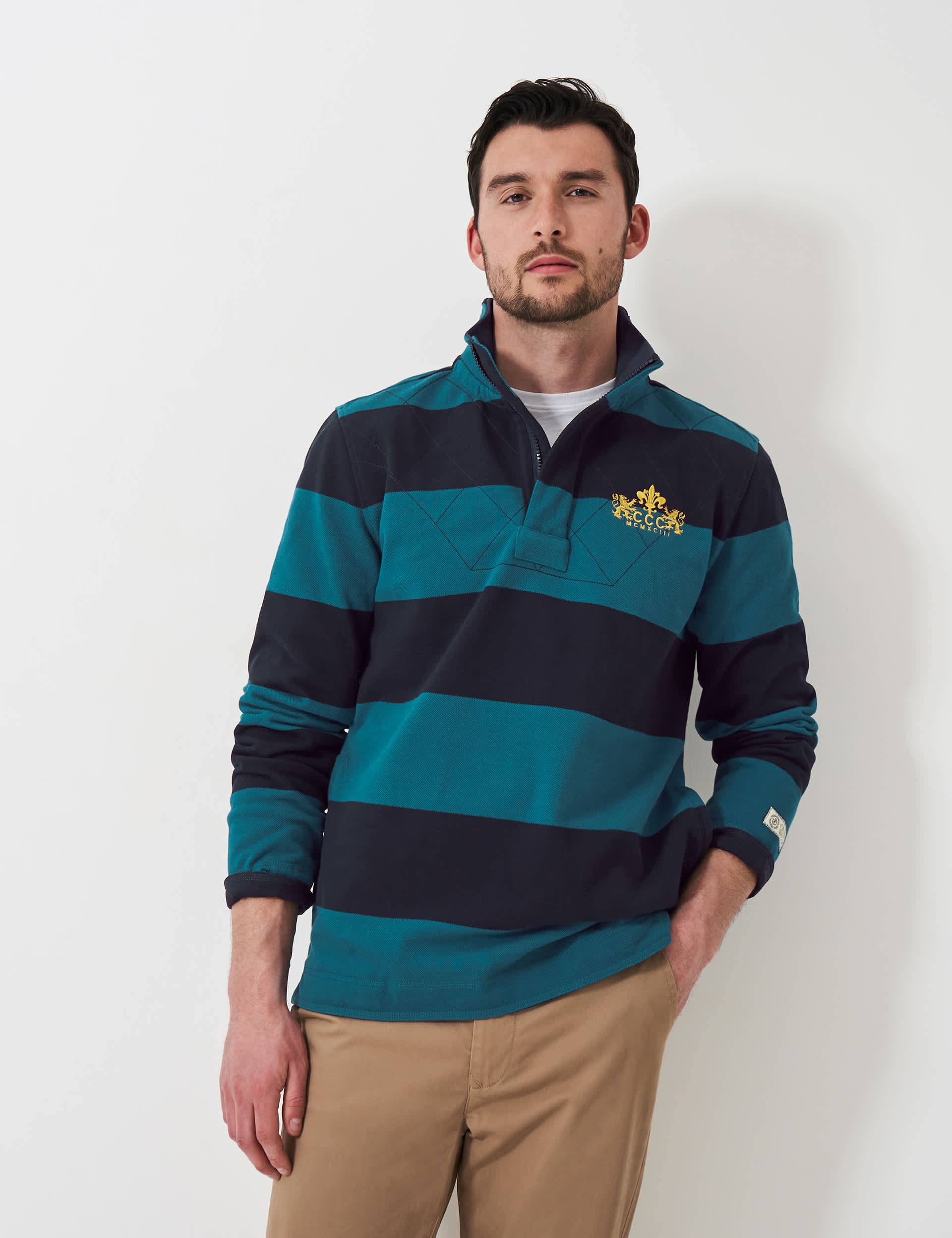 Crew Clothing Men's Cotton Rich Striped Half Zip Sweatshirt - Navy Mix, Navy Mix