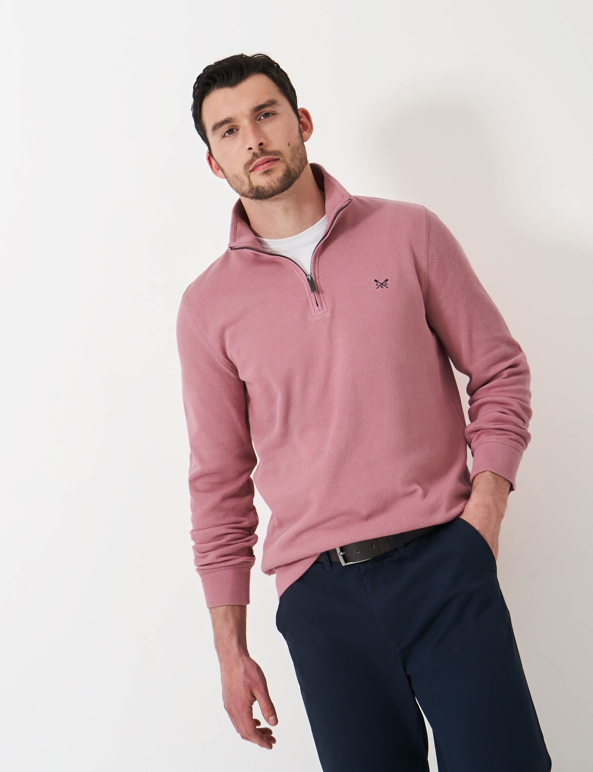 Crew Clothing Men's Pure Cotton Ribbed Half Zip Sweatshirt - Dusky Rose, Grey Marl,Medium Brown,Dusk